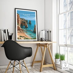 Algarve Portugal Coast Travel Poster — framed poster black frame on office desk modern