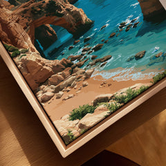Algarve Portugal Coast Travel Poster — closeup framed canvas natural wood floating frame