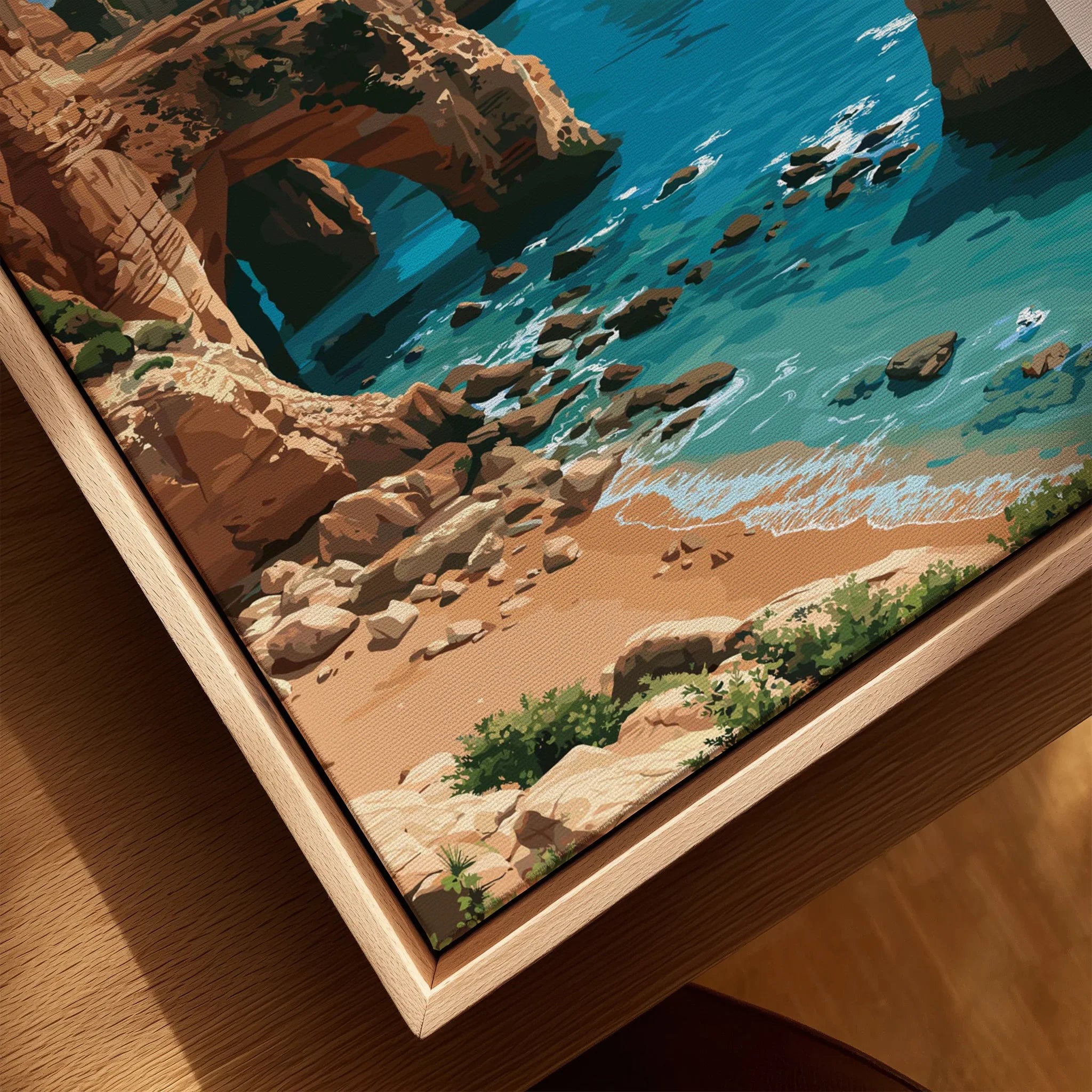 Algarve Portugal Coast Travel Poster — closeup framed canvas natural wood floating frame
