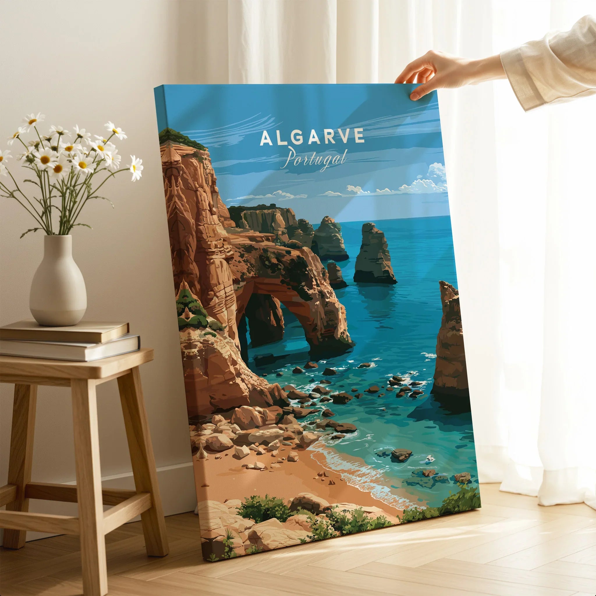 Algarve Portugal Coast Travel Poster — canvas print mirror edge hand holding room setting