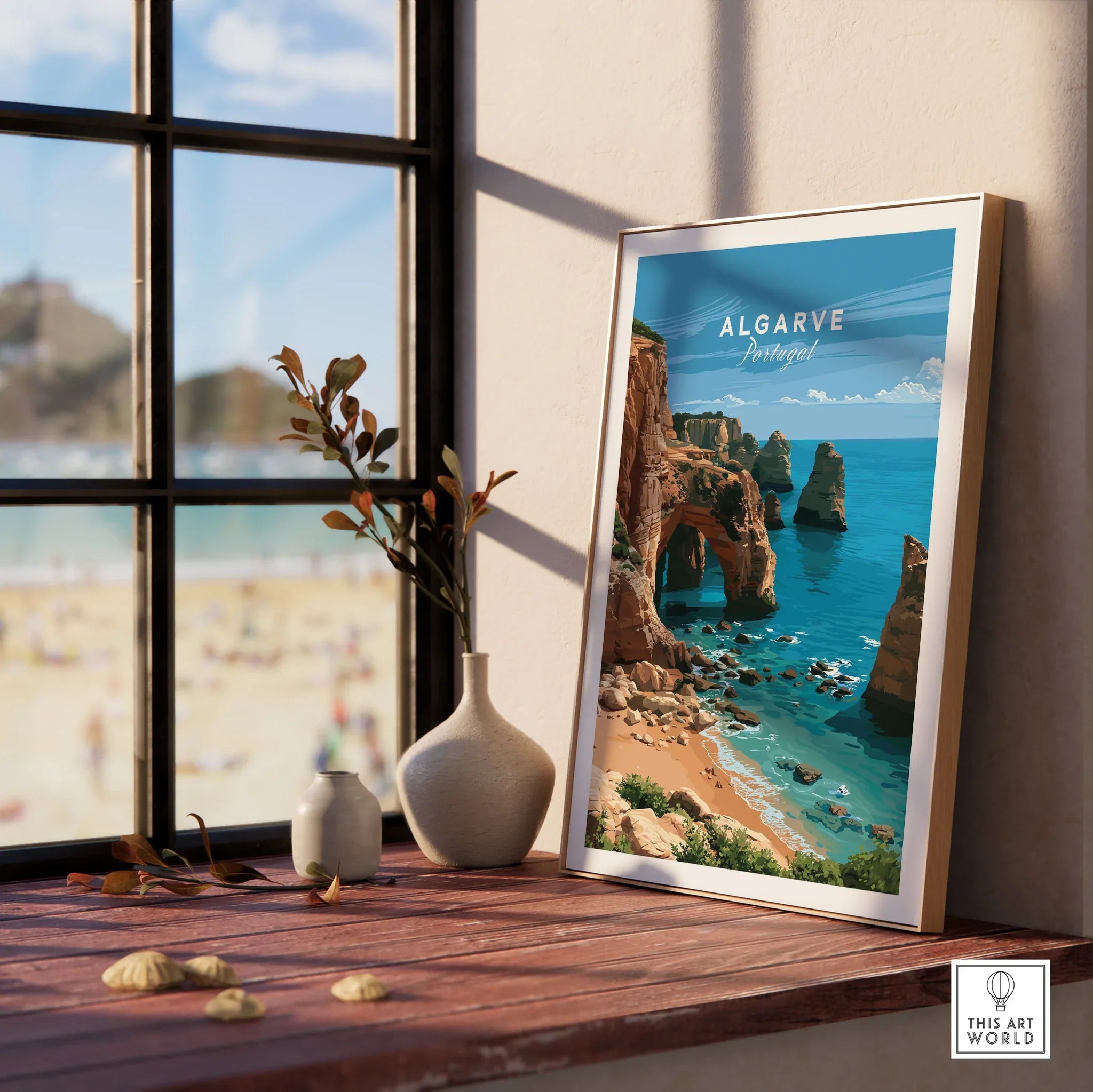 Algarve Portugal Coast Travel Poster — framed print window view natural wood frame