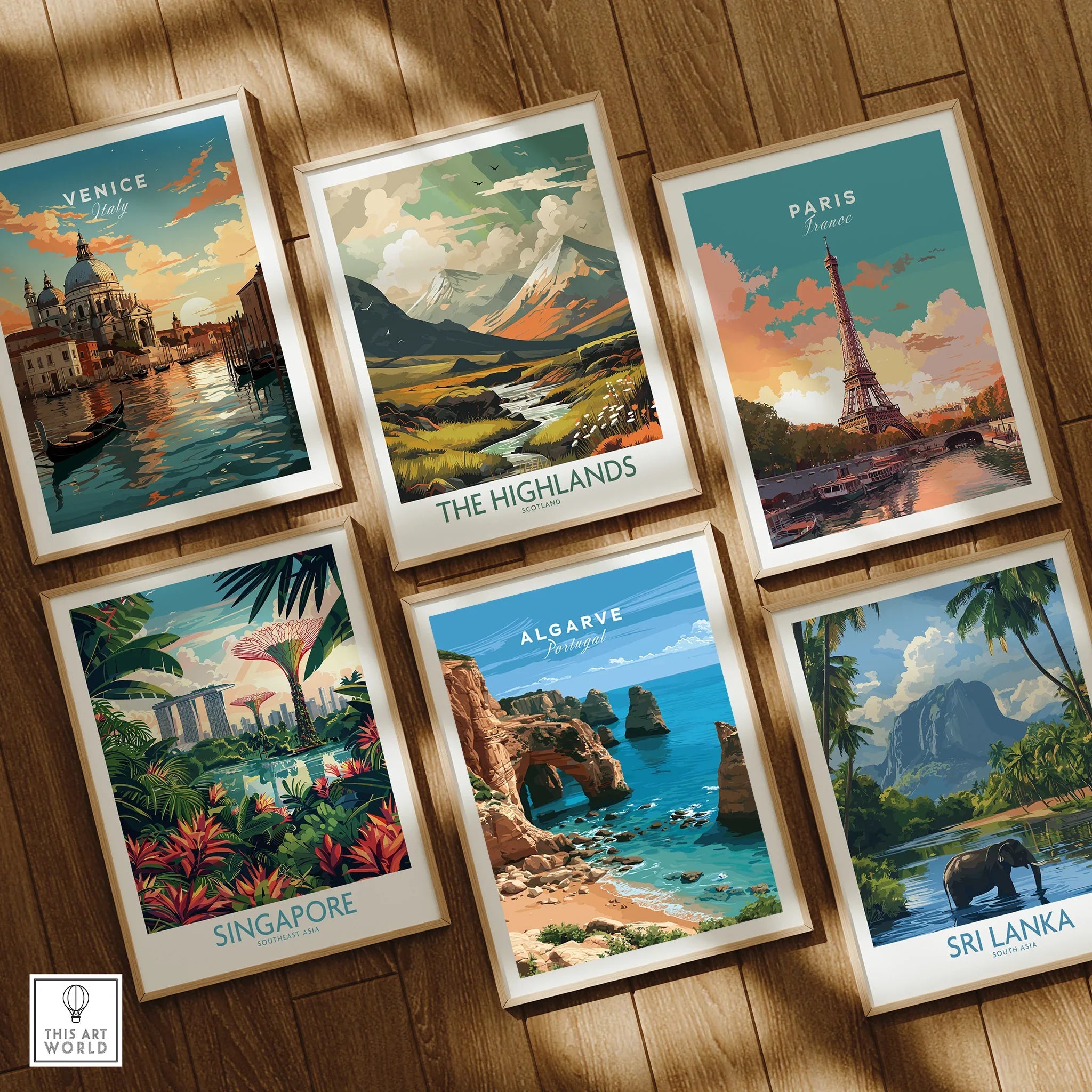 Algarve Portugal Coast Travel Poster — set six framed art prints wooden floor natural wood frames