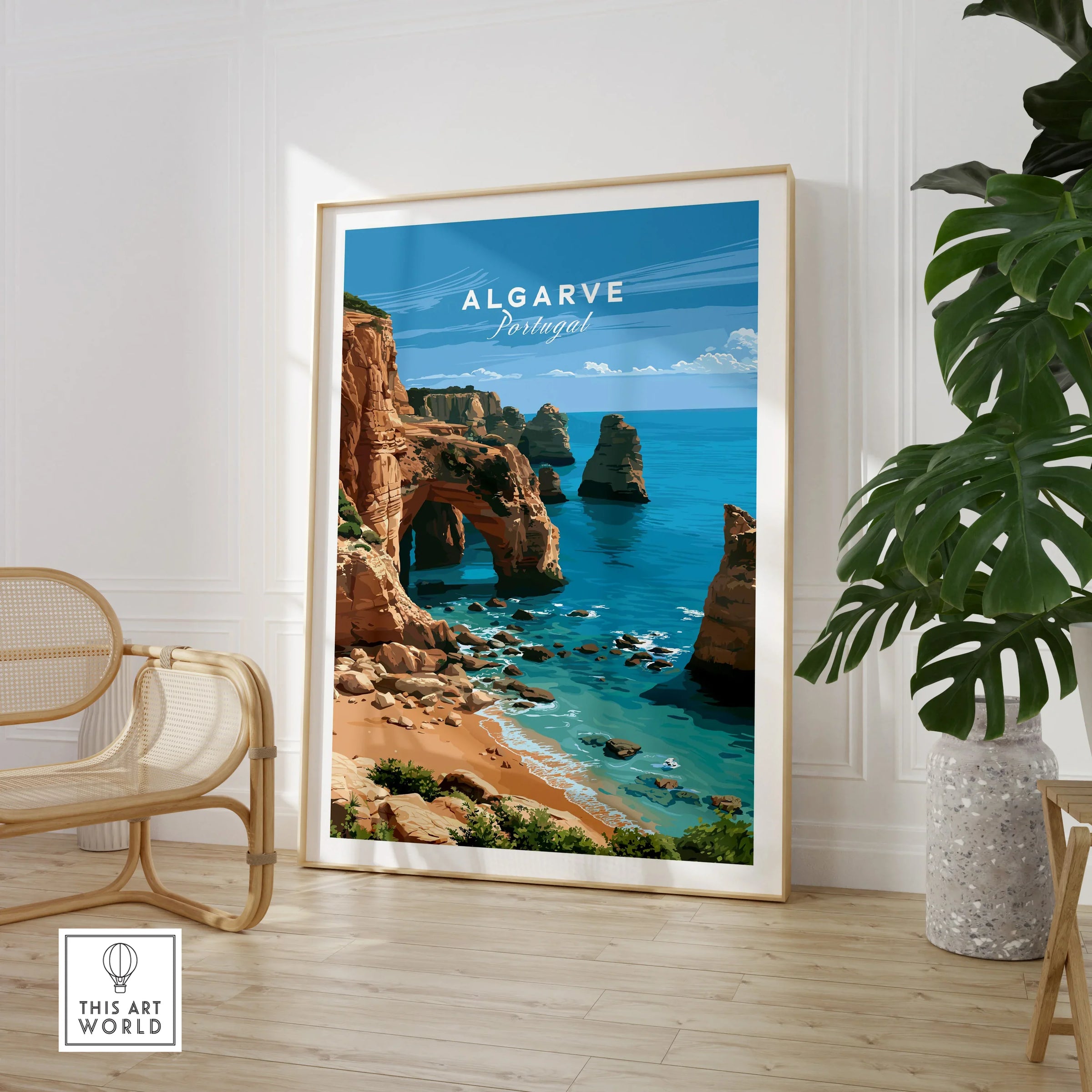 Algarve Portugal Coast Travel Poster — large framed print room setting chair plant