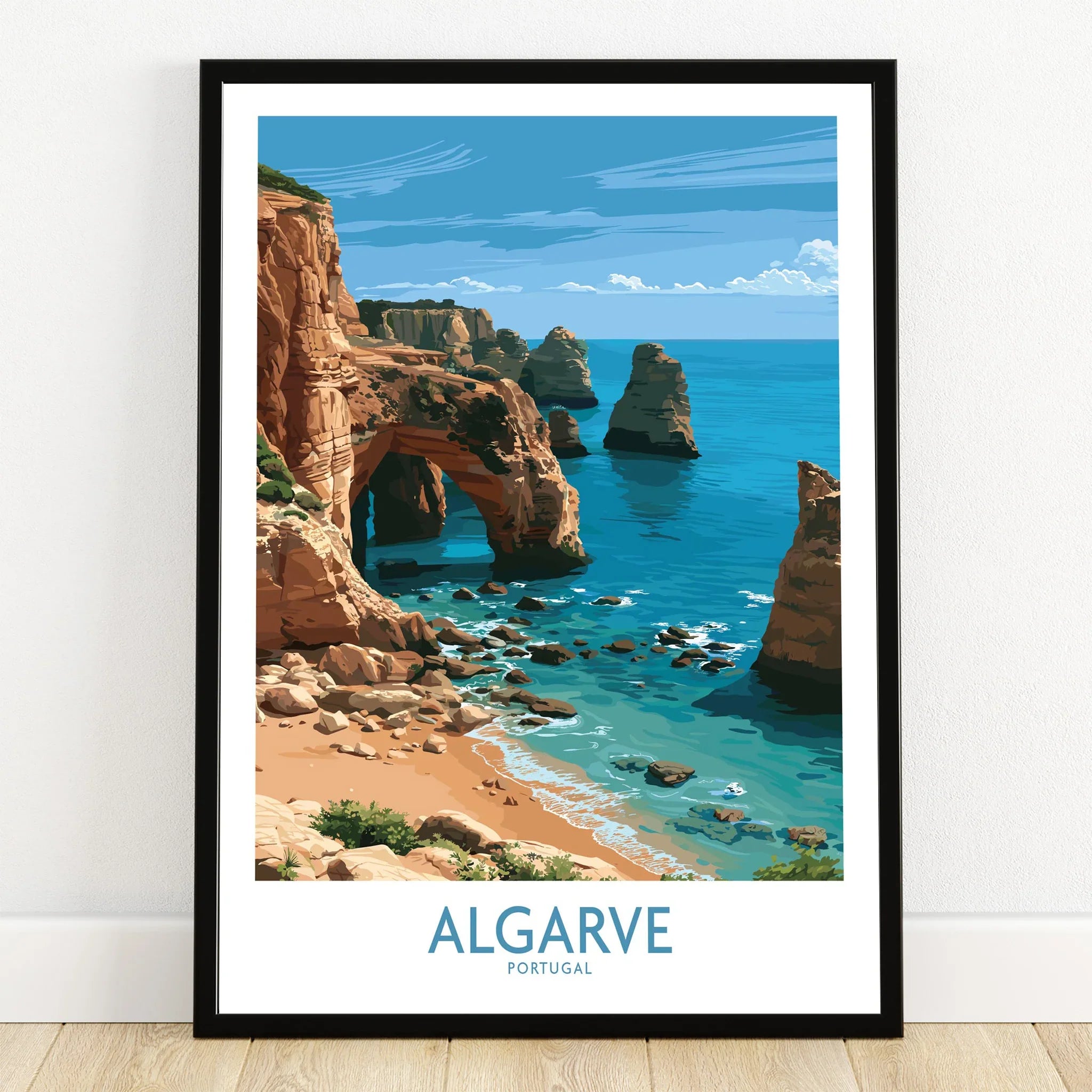 Algarve Portugal Coast Wall Art — art print in black frame on wooden floor