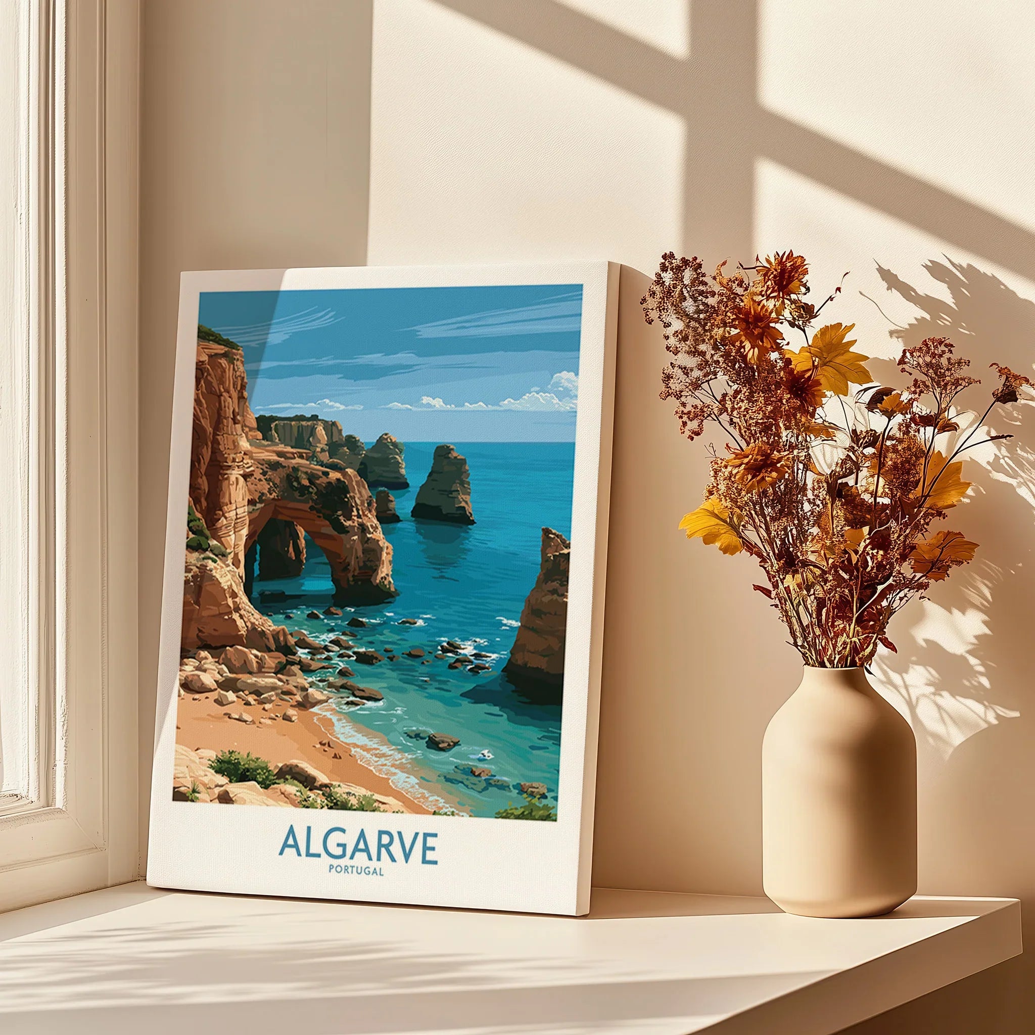 Algarve Portugal Coast Wall Art — canvas print window setting with shadows flowers