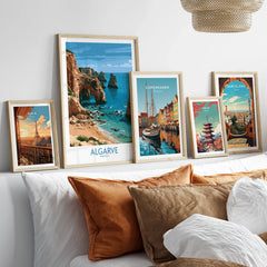 Algarve Portugal Coast Wall Art — set five framed artprints above bed natural wood frames