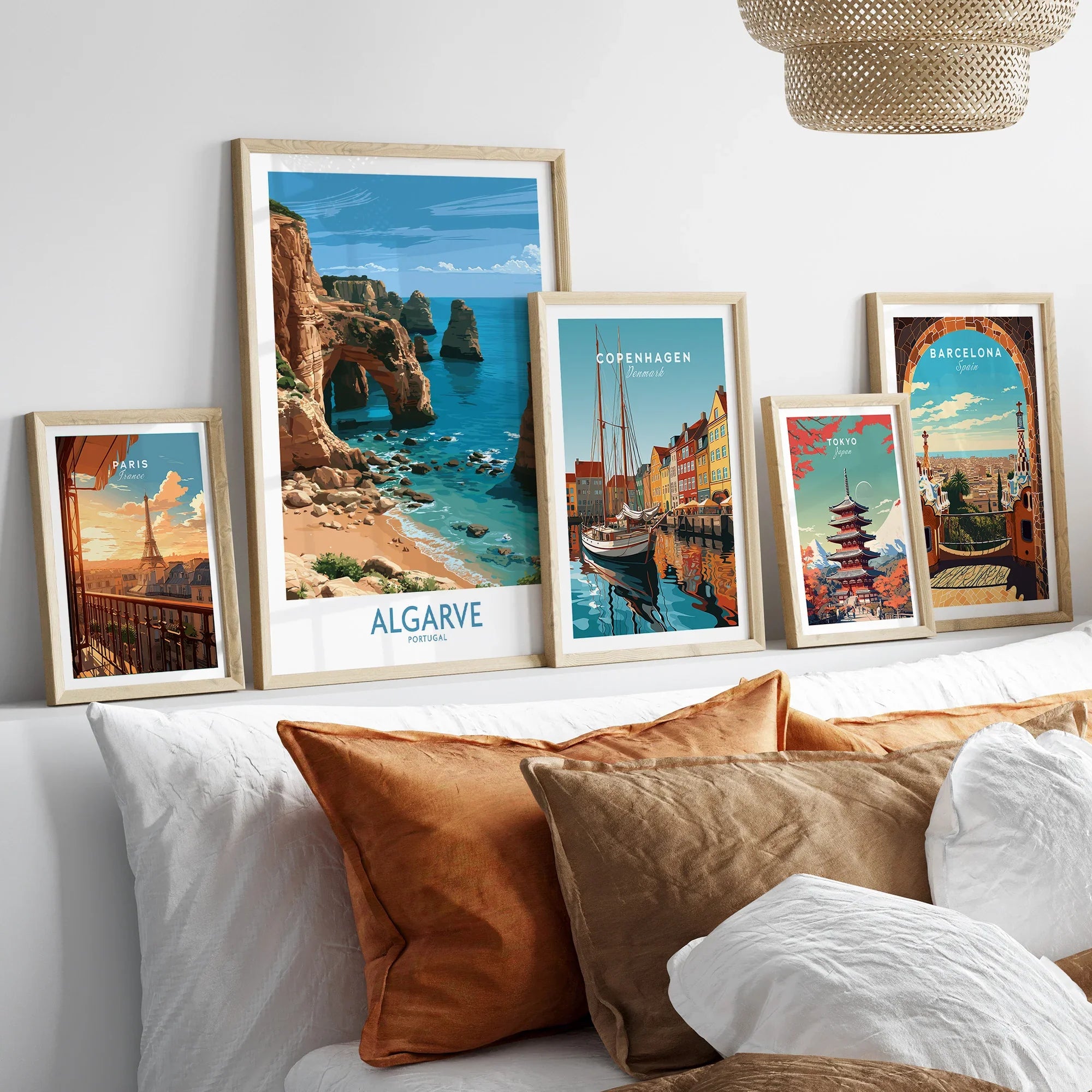Algarve Portugal Coast Wall Art — set five framed artprints above bed natural wood frames