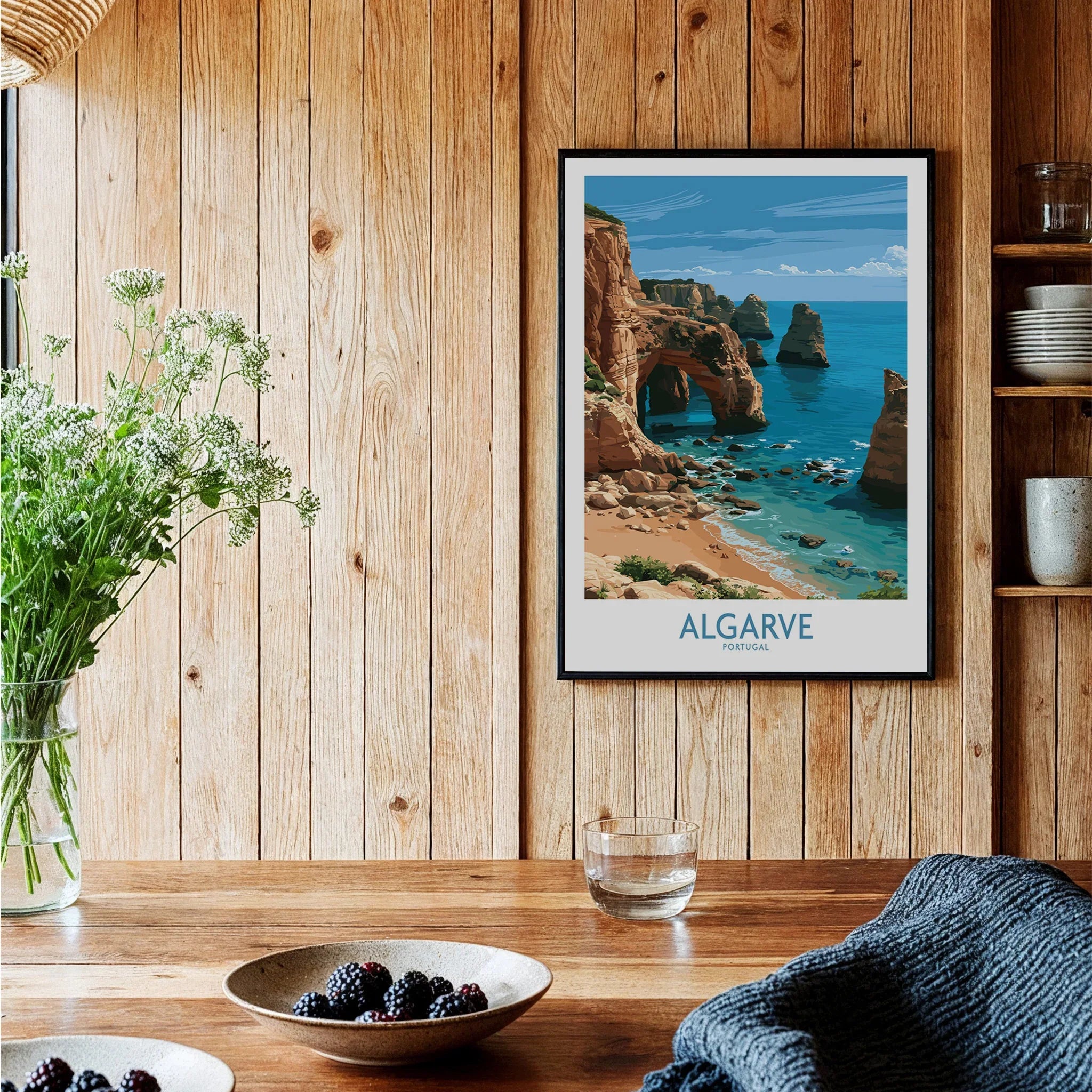 Algarve Portugal Coast Wall Art — black framed art print kitchen setting
