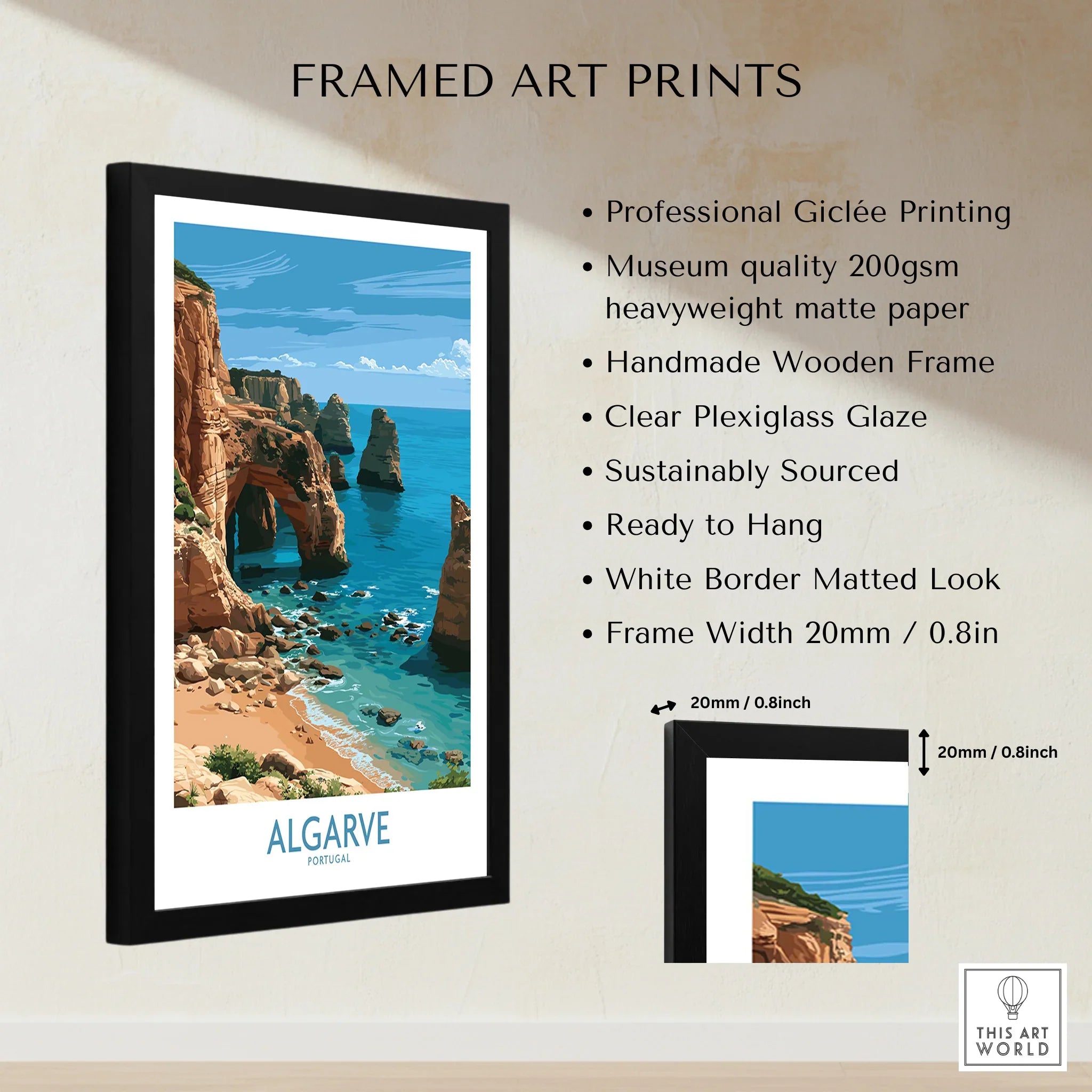 Algarve Portugal Coast Wall Art — framed print details measurements quality details