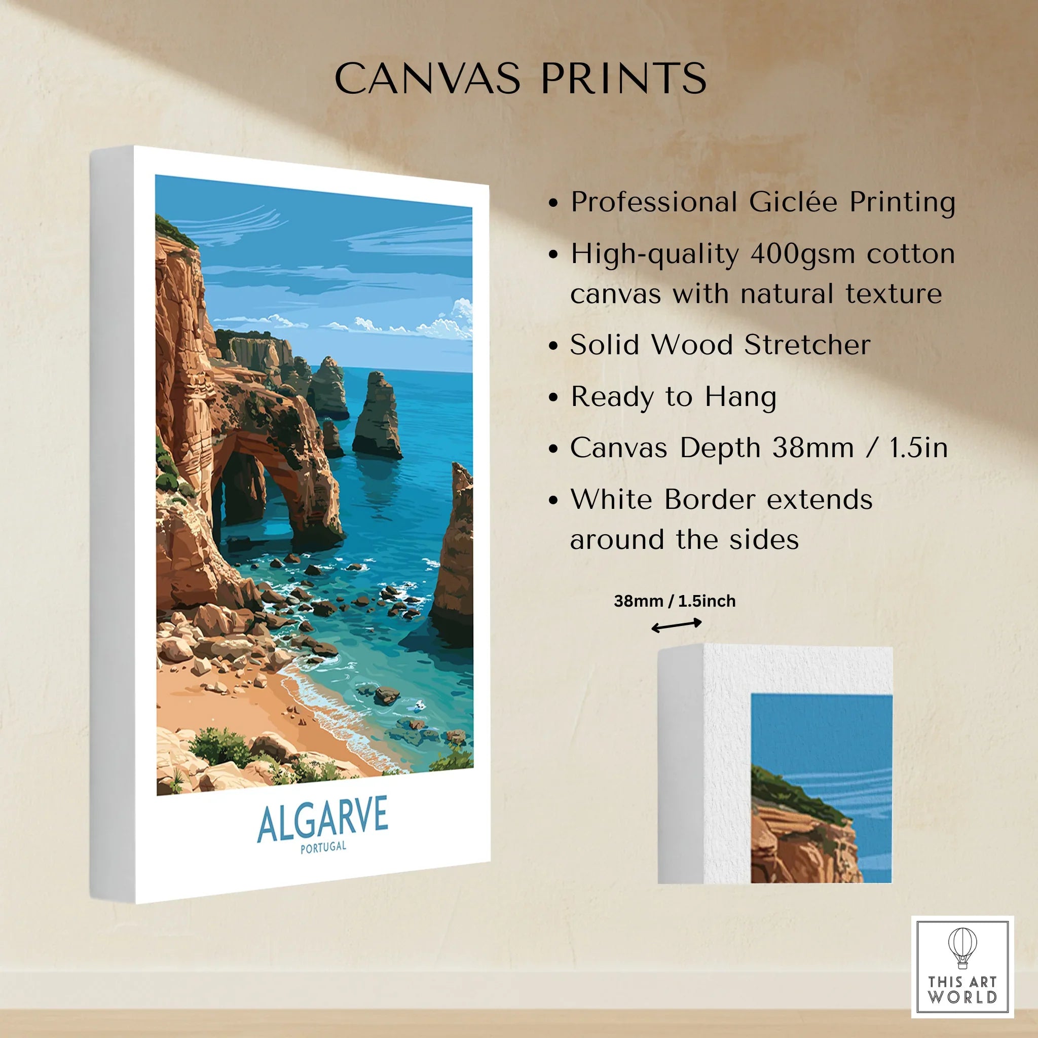 Algarve Portugal Coast Wall Art — canvas print stretched cotton canvas details