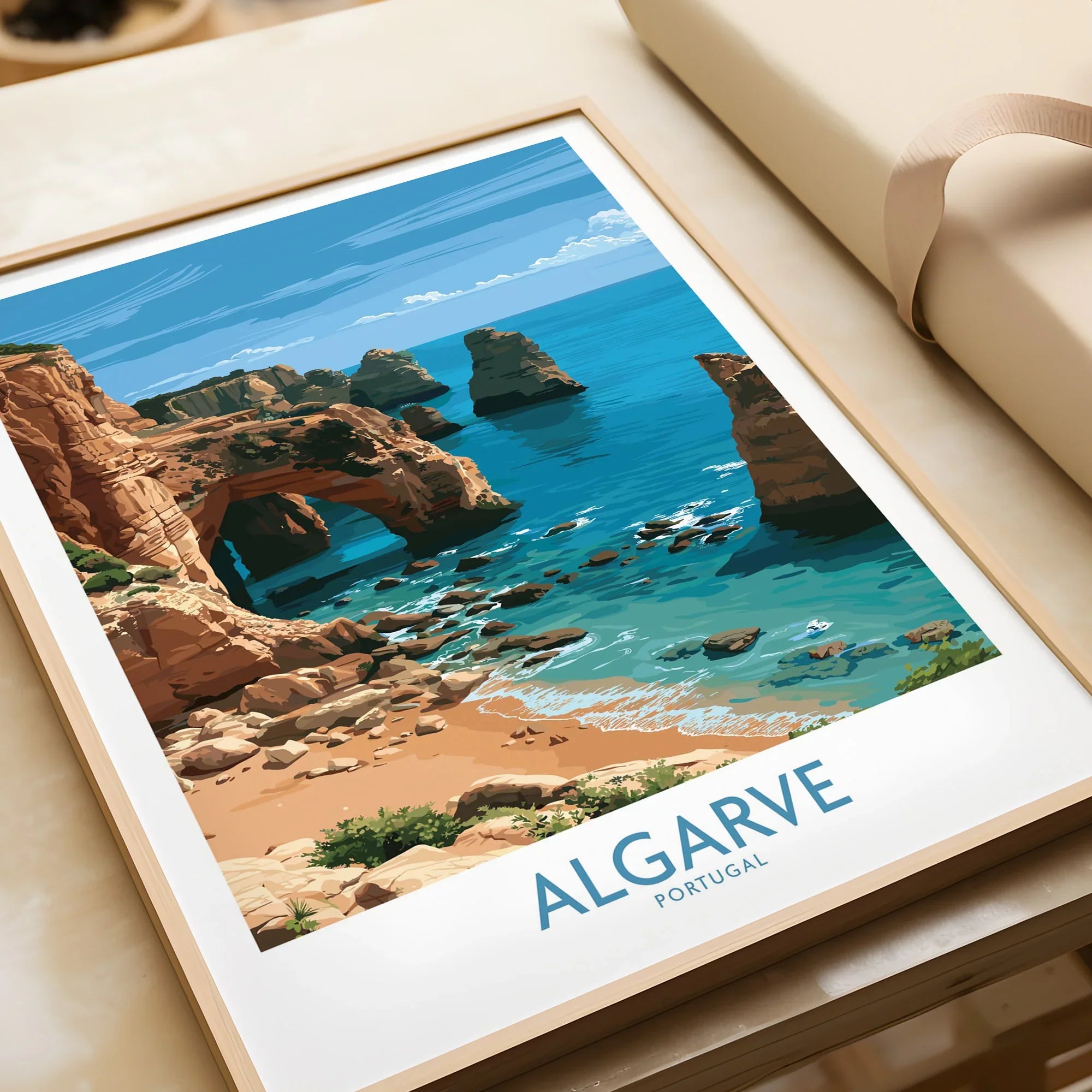 Algarve Portugal Coast Wall Art — framed art print closeup gift unwrapped natural frame