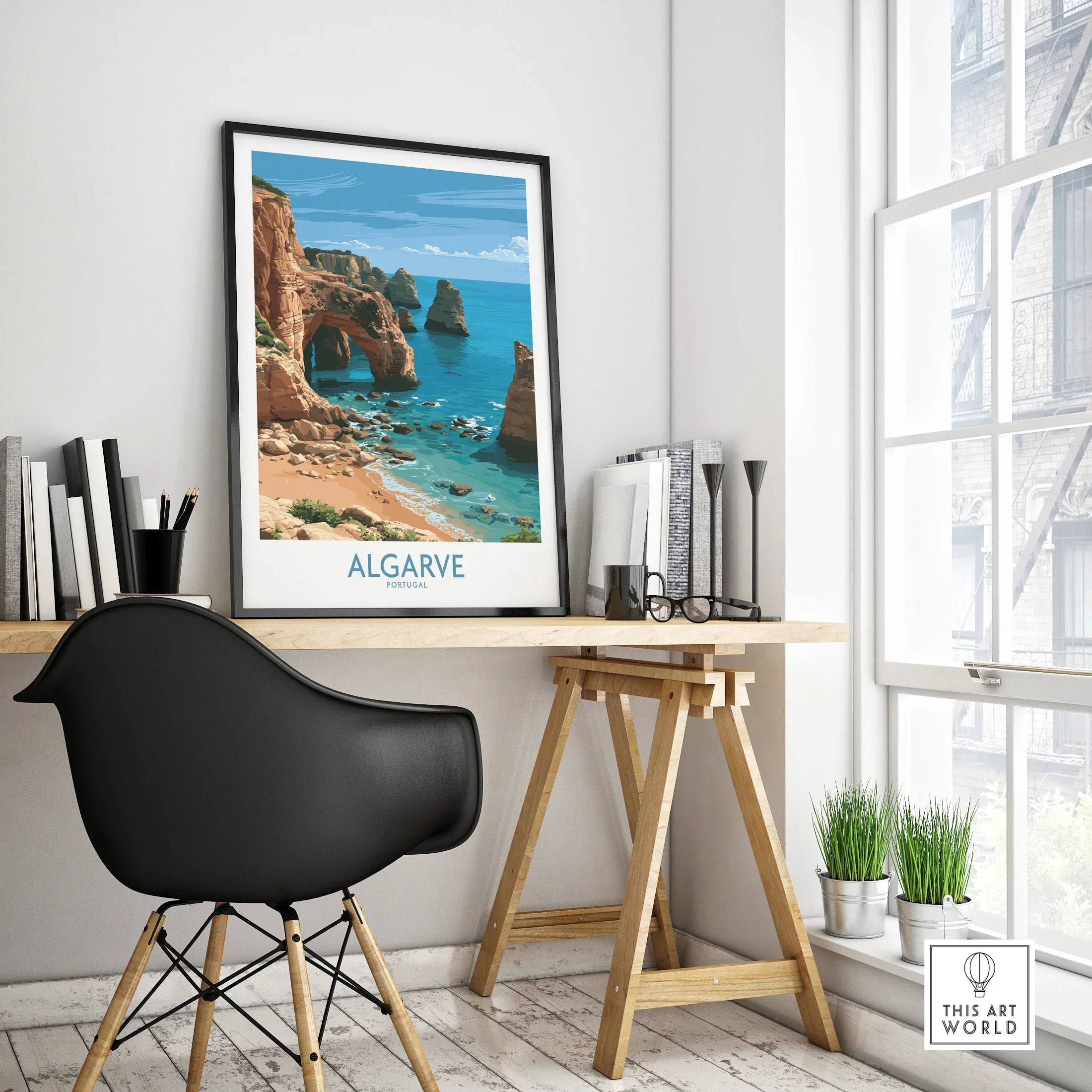 Algarve Portugal Coast Wall Art — framed poster black frame on office desk modern