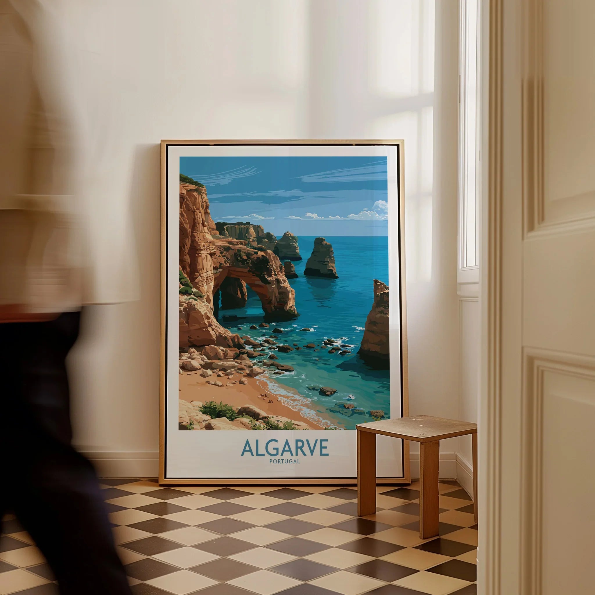 Algarve Portugal Coast Wall Art — framed canvas on floor man walking past