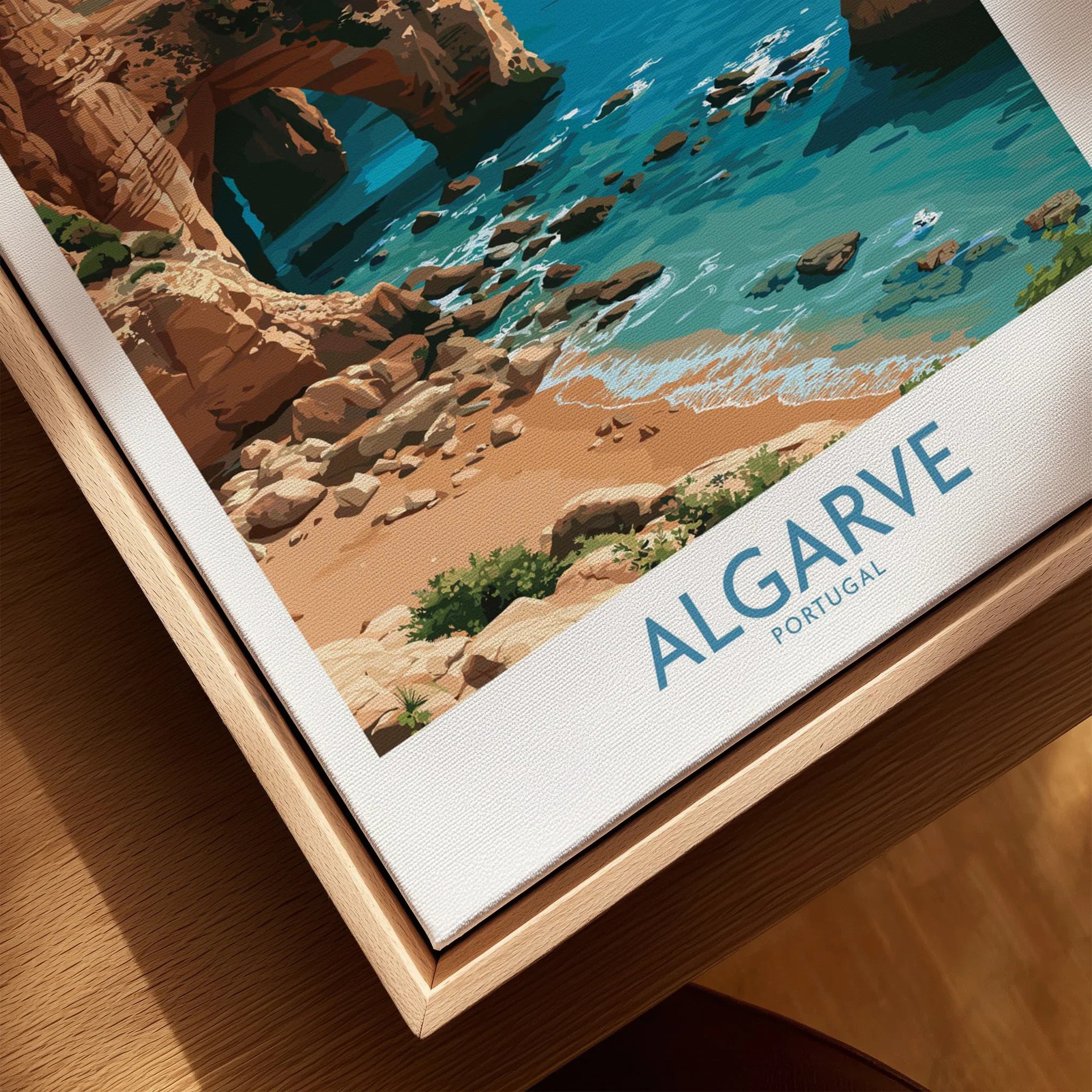 Algarve Portugal Coast Wall Art — closeup framed canvas natural wood floating frame