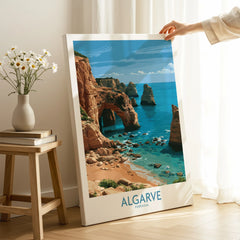 Algarve Portugal Coast Wall Art — canvas print mirror edge hand holding room setting