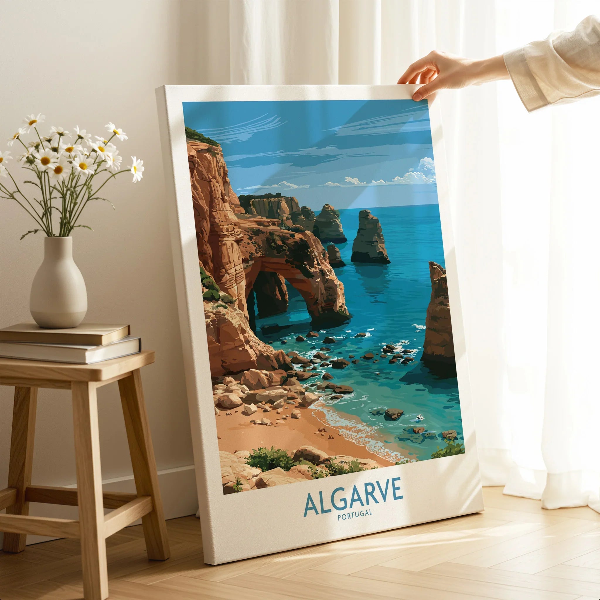 Algarve Portugal Coast Wall Art — canvas print mirror edge hand holding room setting