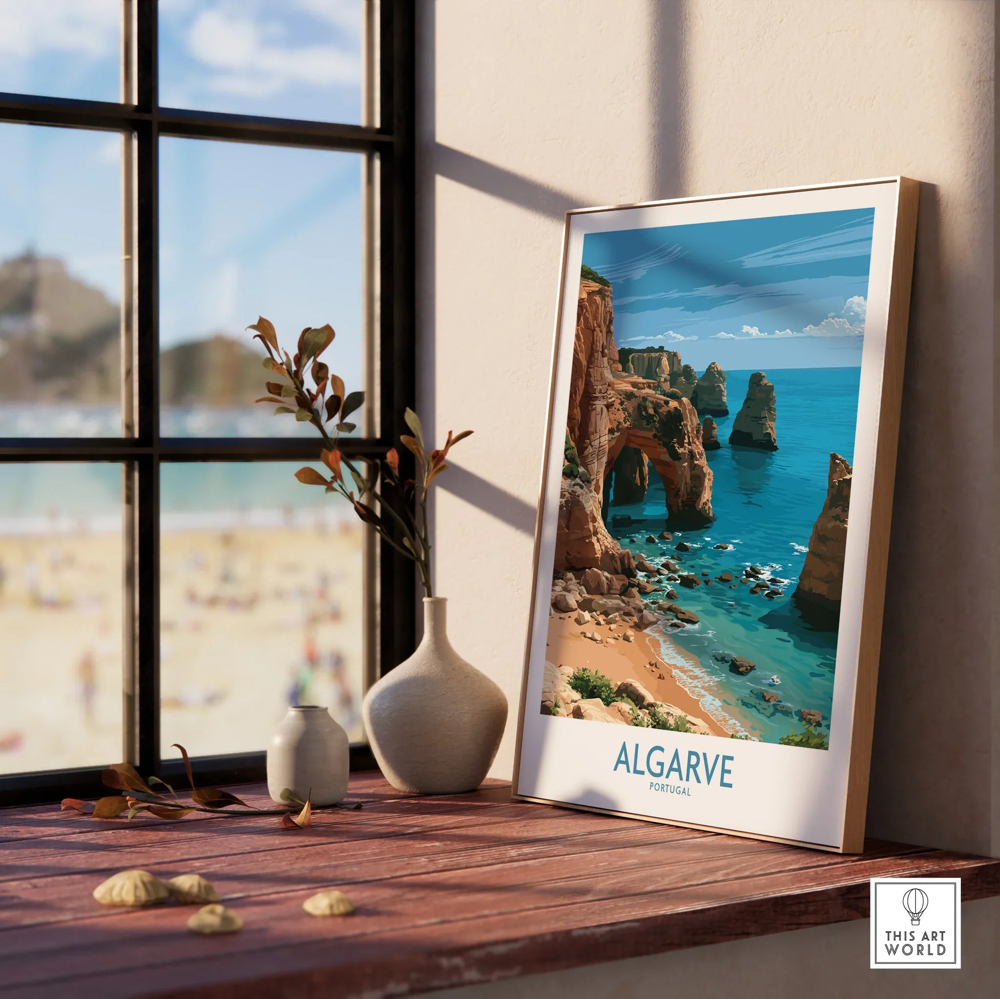 Algarve Portugal Coast Wall Art — framed print window view natural wood frame