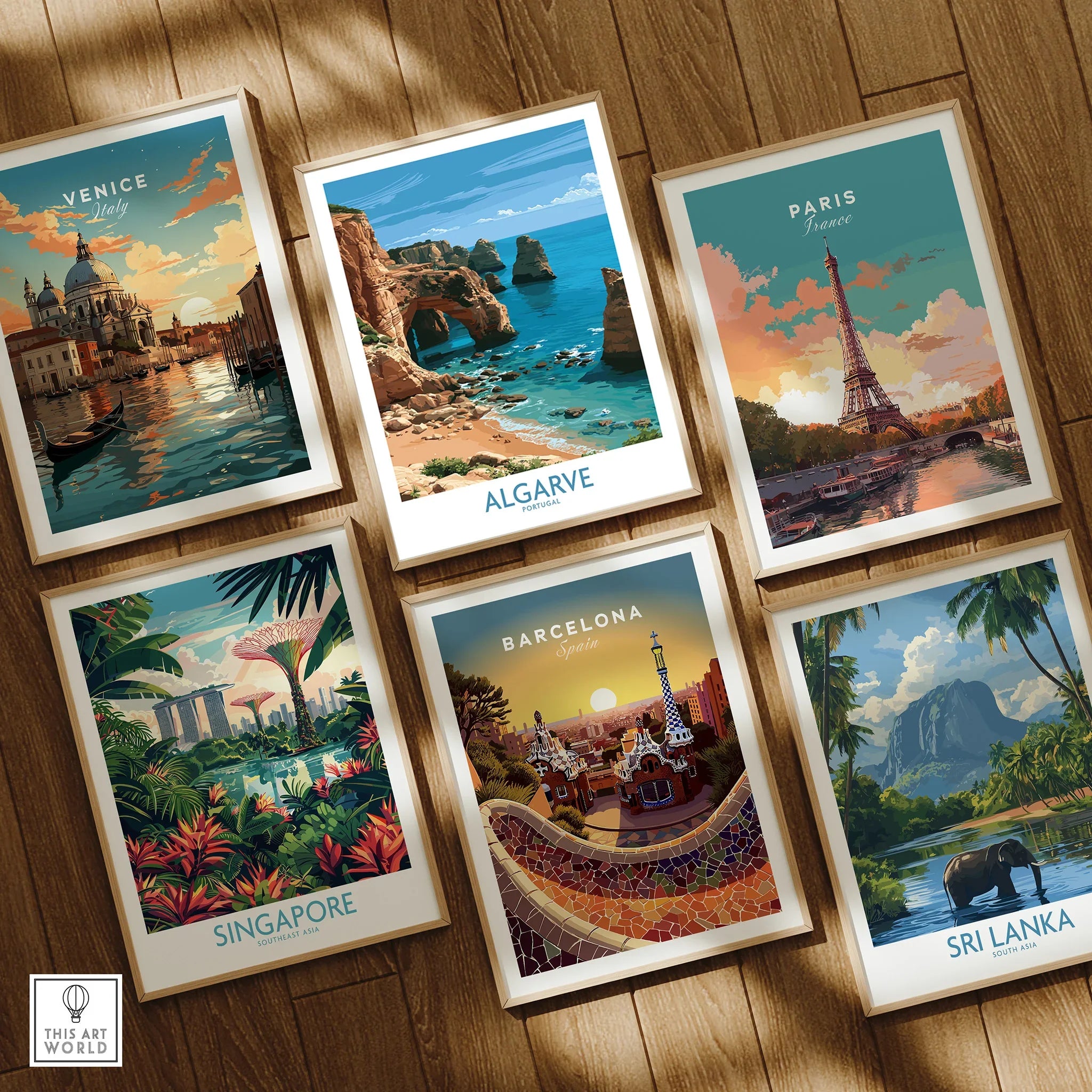 Algarve Portugal Coast Wall Art — set six framed art prints wooden floor natural wood frames