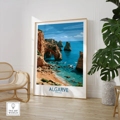 Algarve Portugal Coast Wall Art — large framed print room setting chair plant