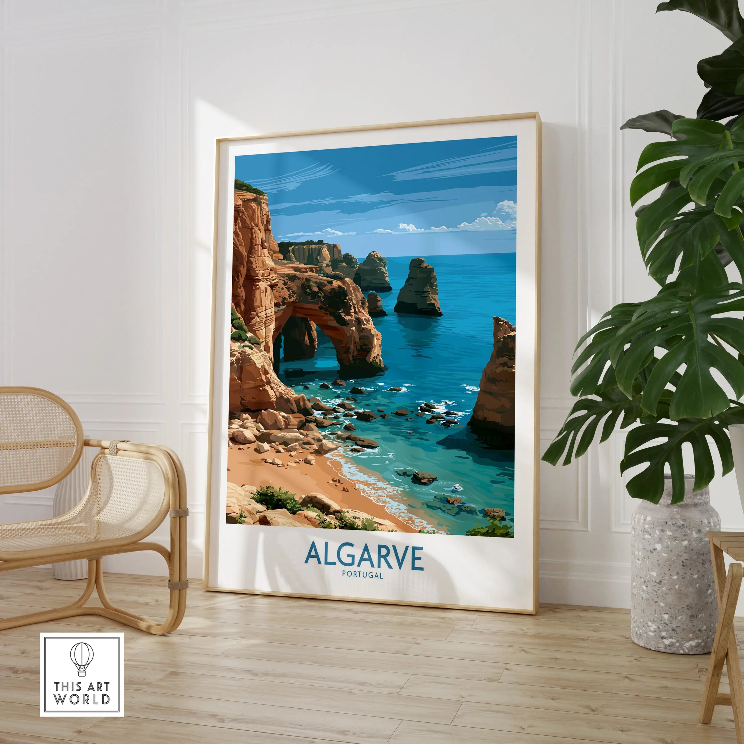 Algarve Portugal Coast Wall Art — large framed print room setting chair plant