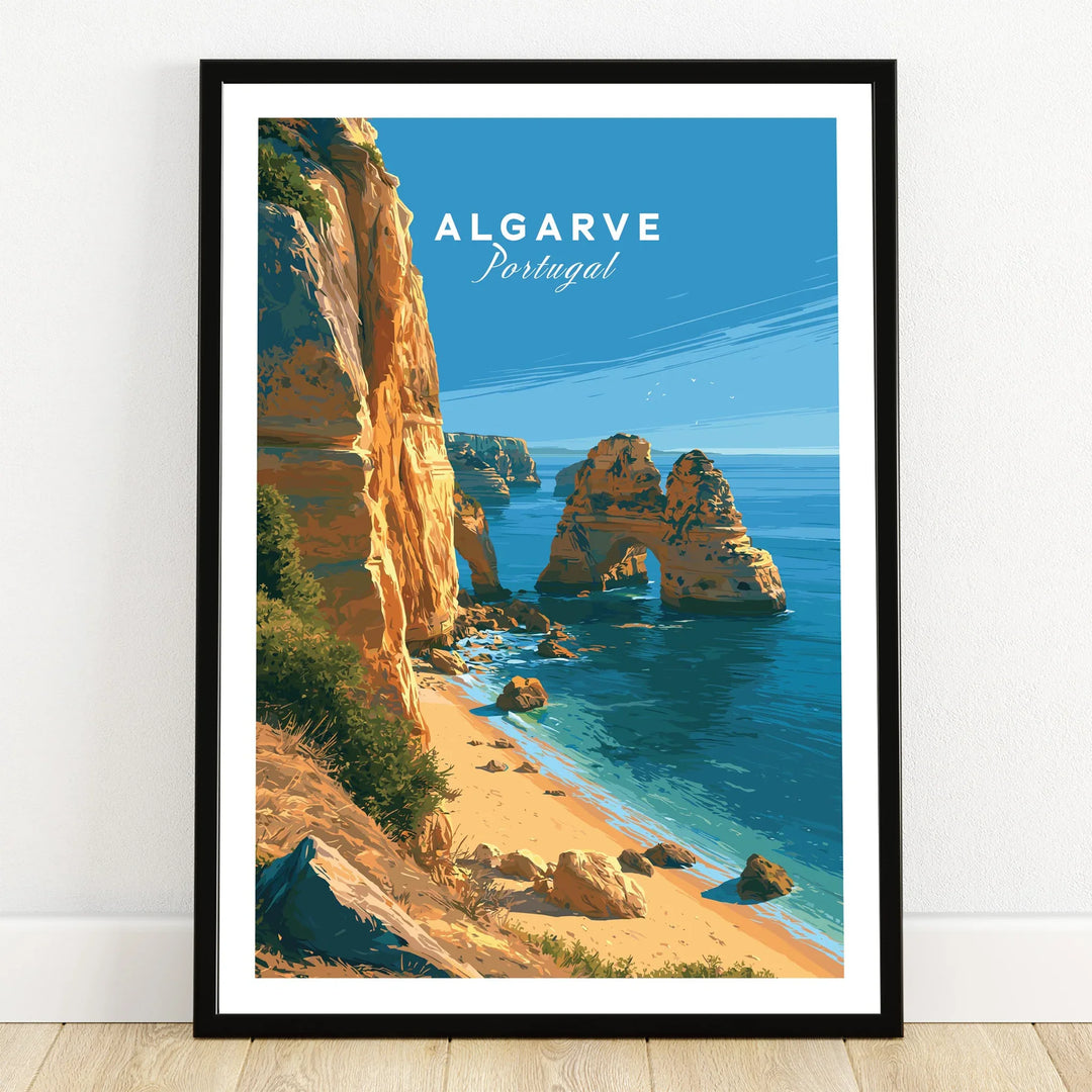 Algarve Portugal Beach Travel Poster — art print in black frame on wooden floor