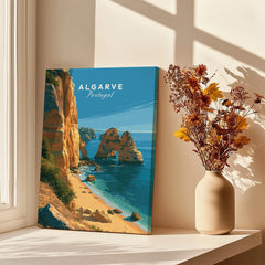 Algarve Portugal Beach Travel Poster — canvas print window setting with shadows flowers