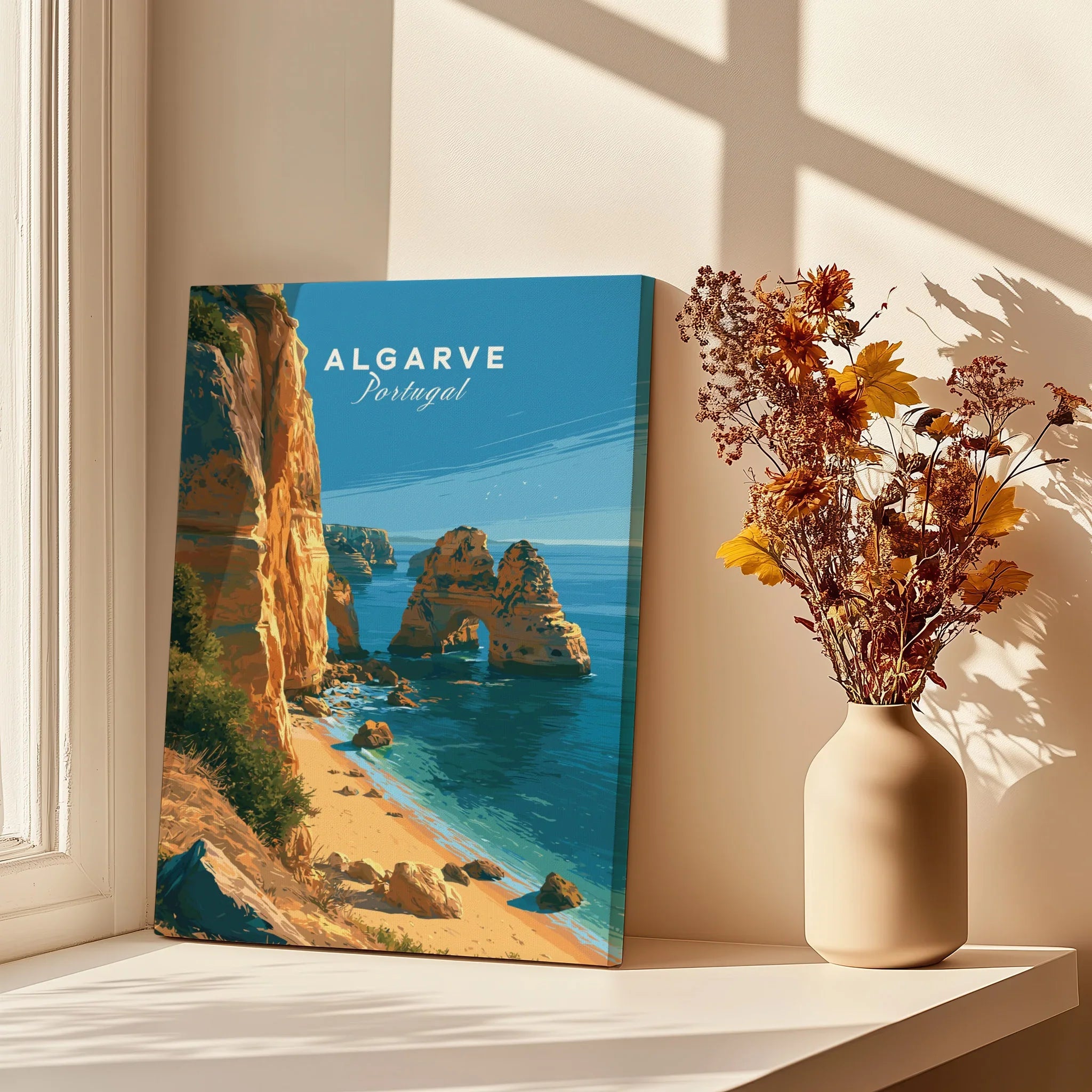 Algarve Portugal Beach Travel Poster — canvas print window setting with shadows flowers