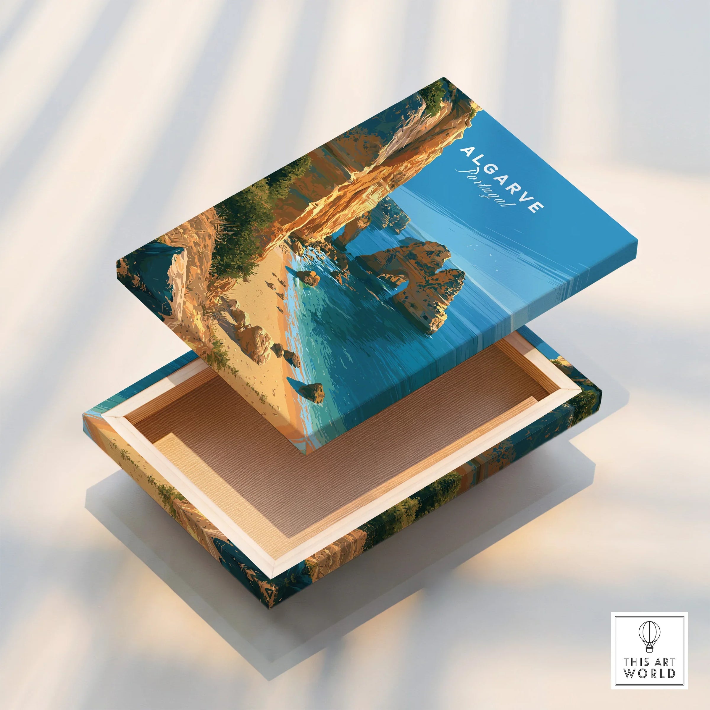 Algarve Portugal Beach Travel Poster — stretched canvas print floating detail mirror edge