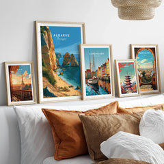 Algarve Portugal Beach Travel Poster — set five framed artprints above bed natural wood frames