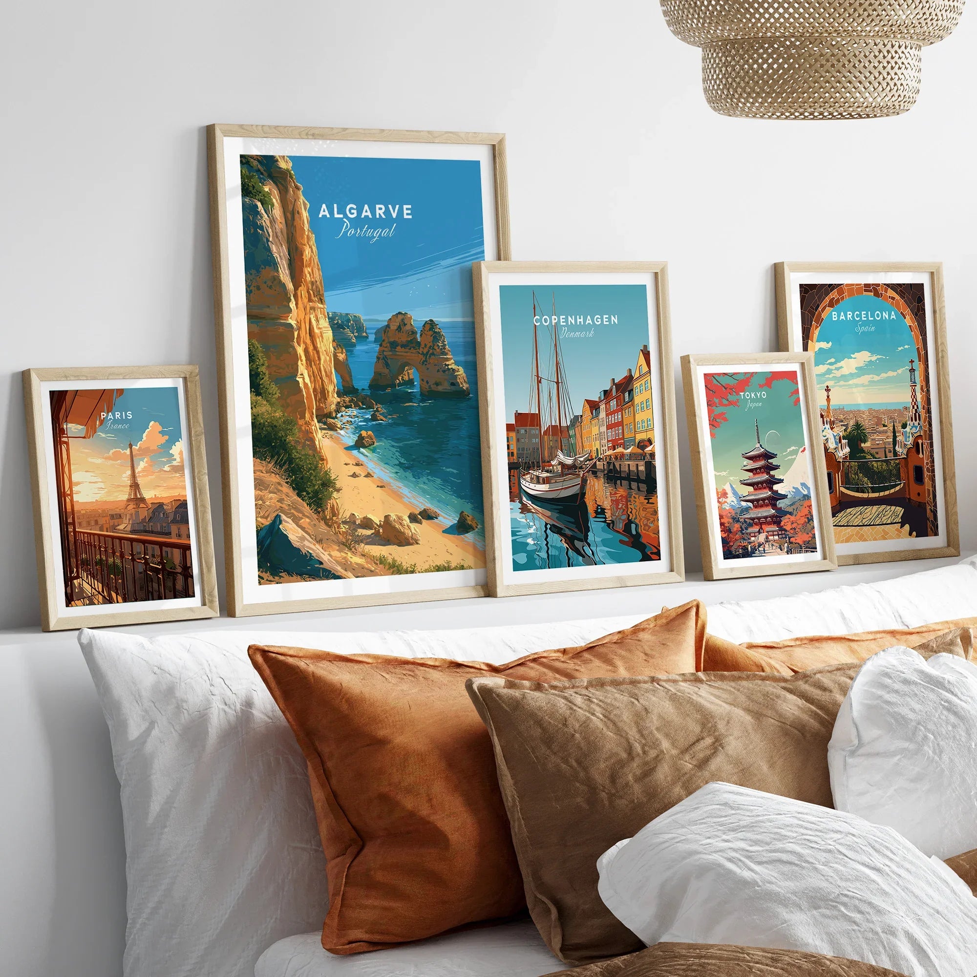 Algarve Portugal Beach Travel Poster — set five framed artprints above bed natural wood frames