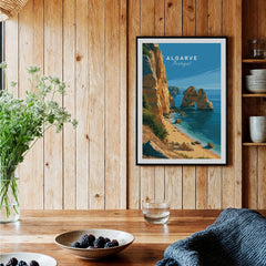 Algarve Portugal Beach Travel Poster — black framed art print kitchen setting