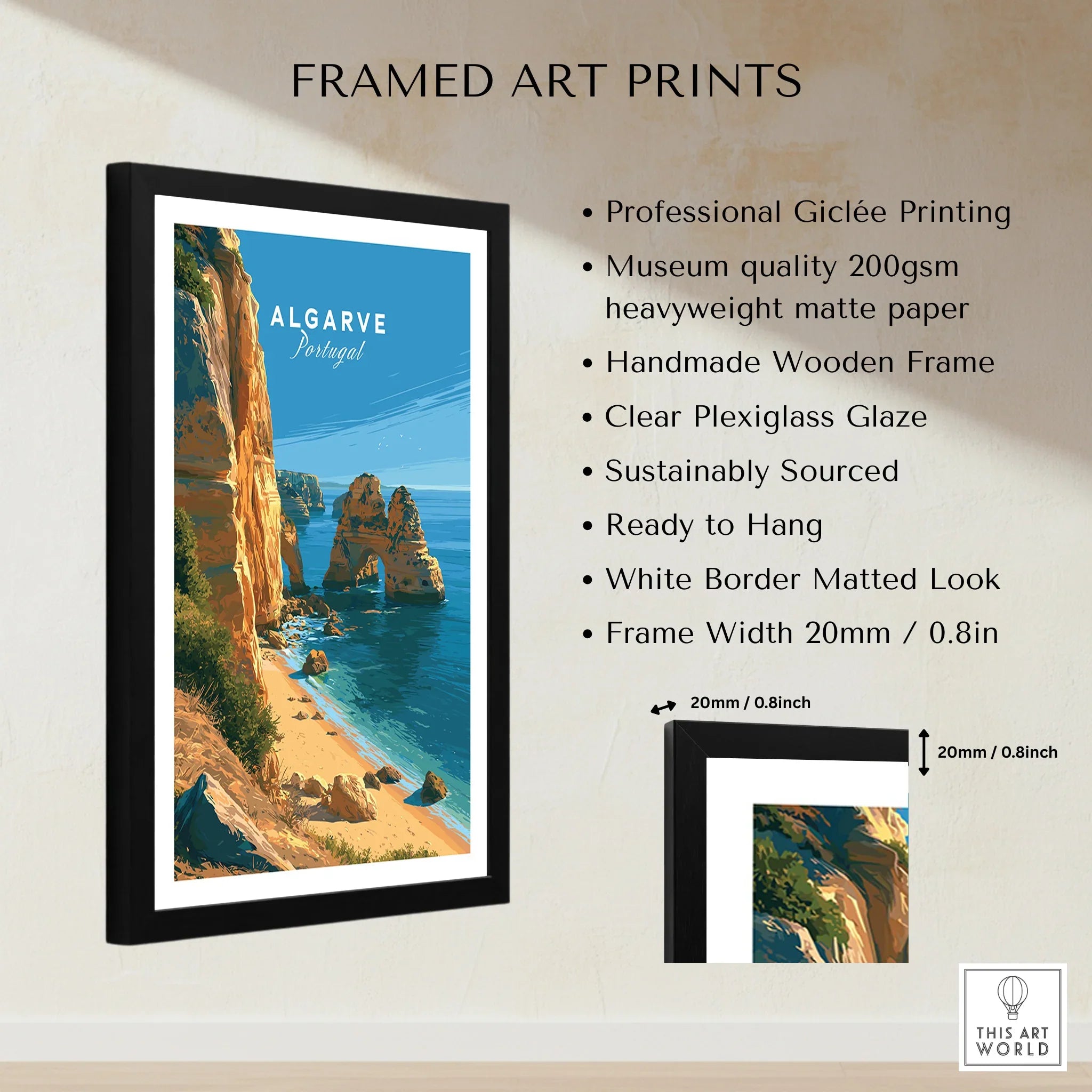 Algarve Portugal Beach Travel Poster — framed print details measurements quality details