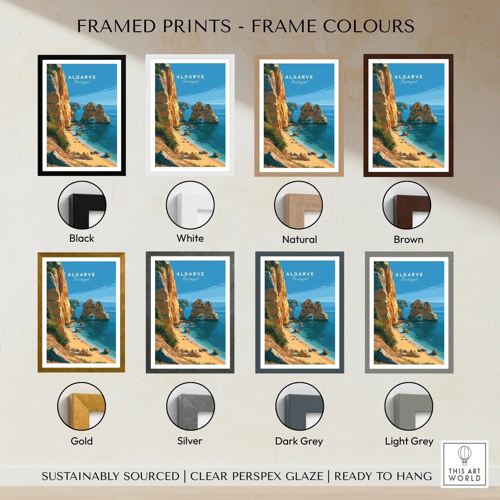 Algarve Portugal Beach Travel Poster — framed print colour options