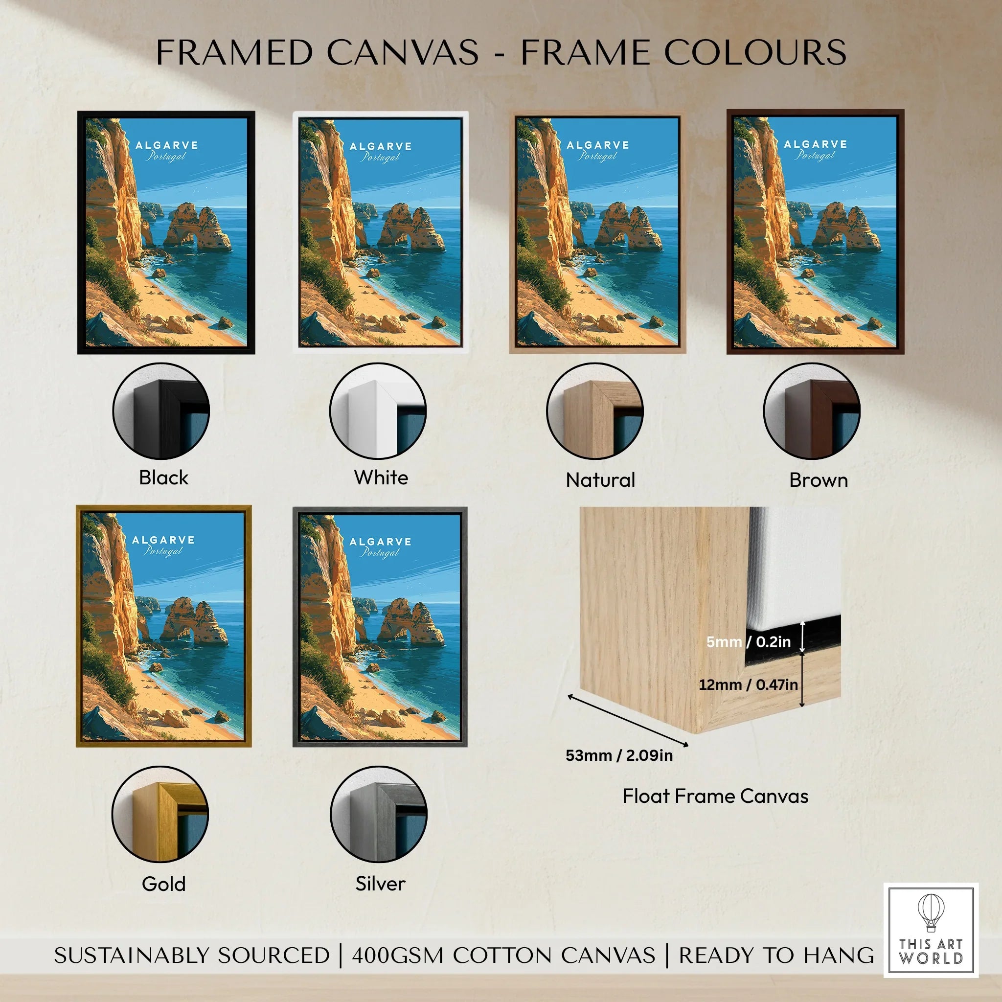 Algarve Portugal Beach Travel Poster — framed canvas float frame colour options