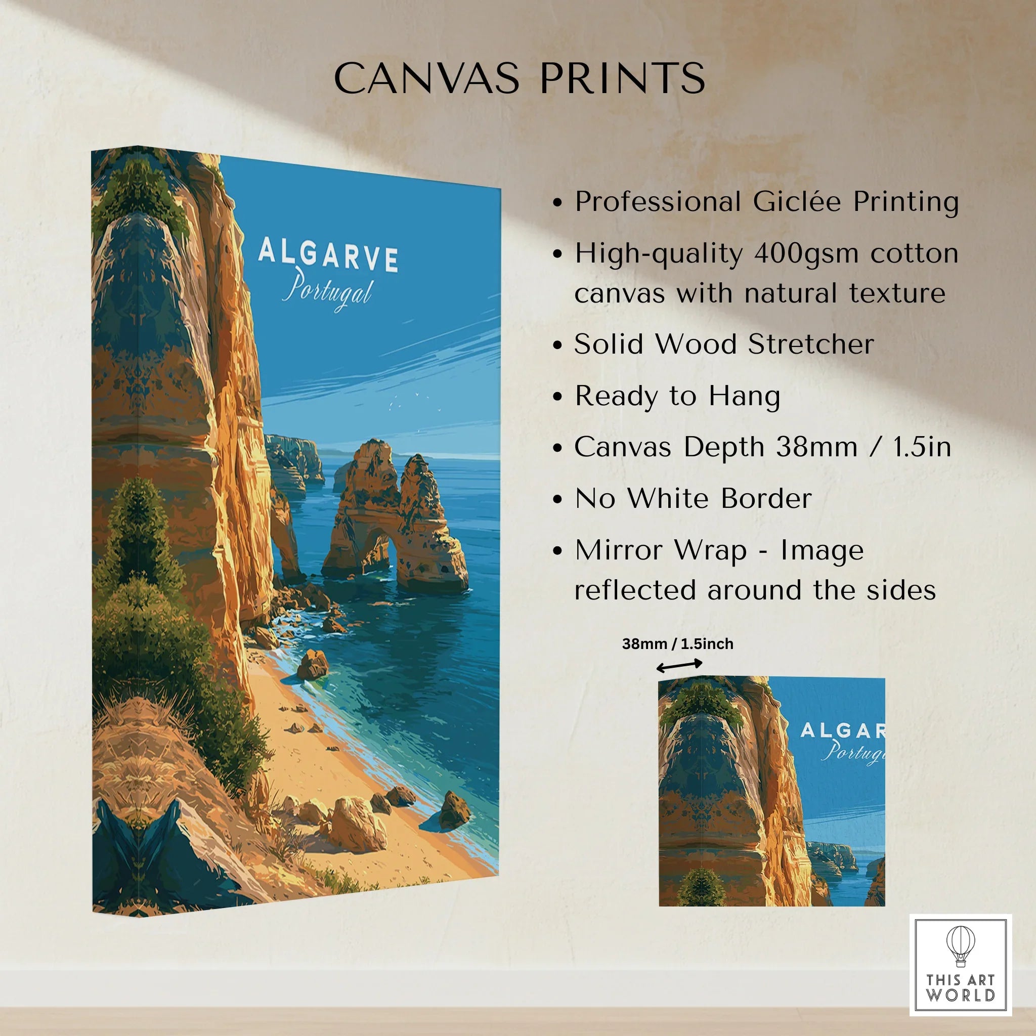 Algarve Portugal Beach Travel Poster — canvas print stretched cotton canvas details