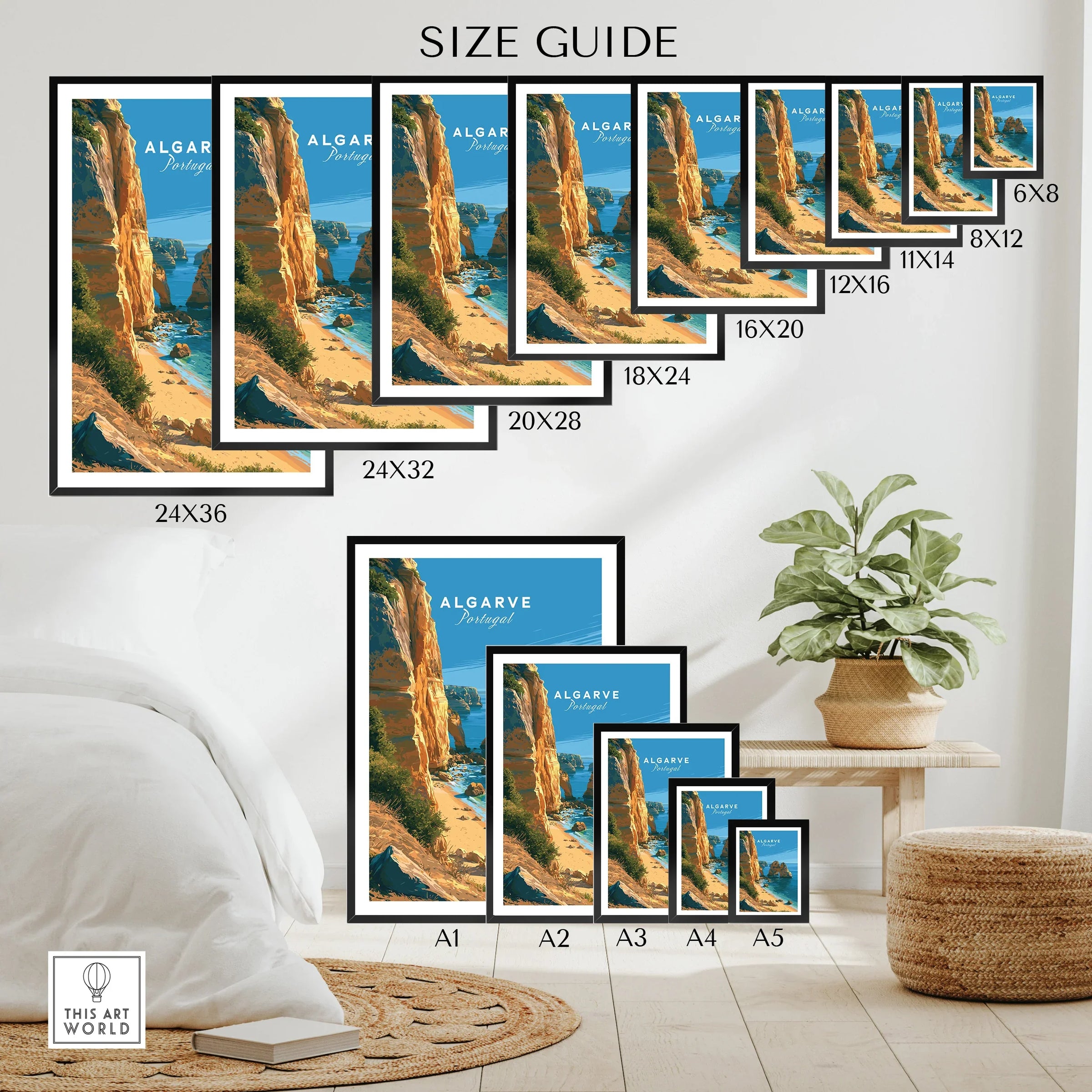 Algarve Portugal Beach Travel Poster — wall art poster size guide thisartworld