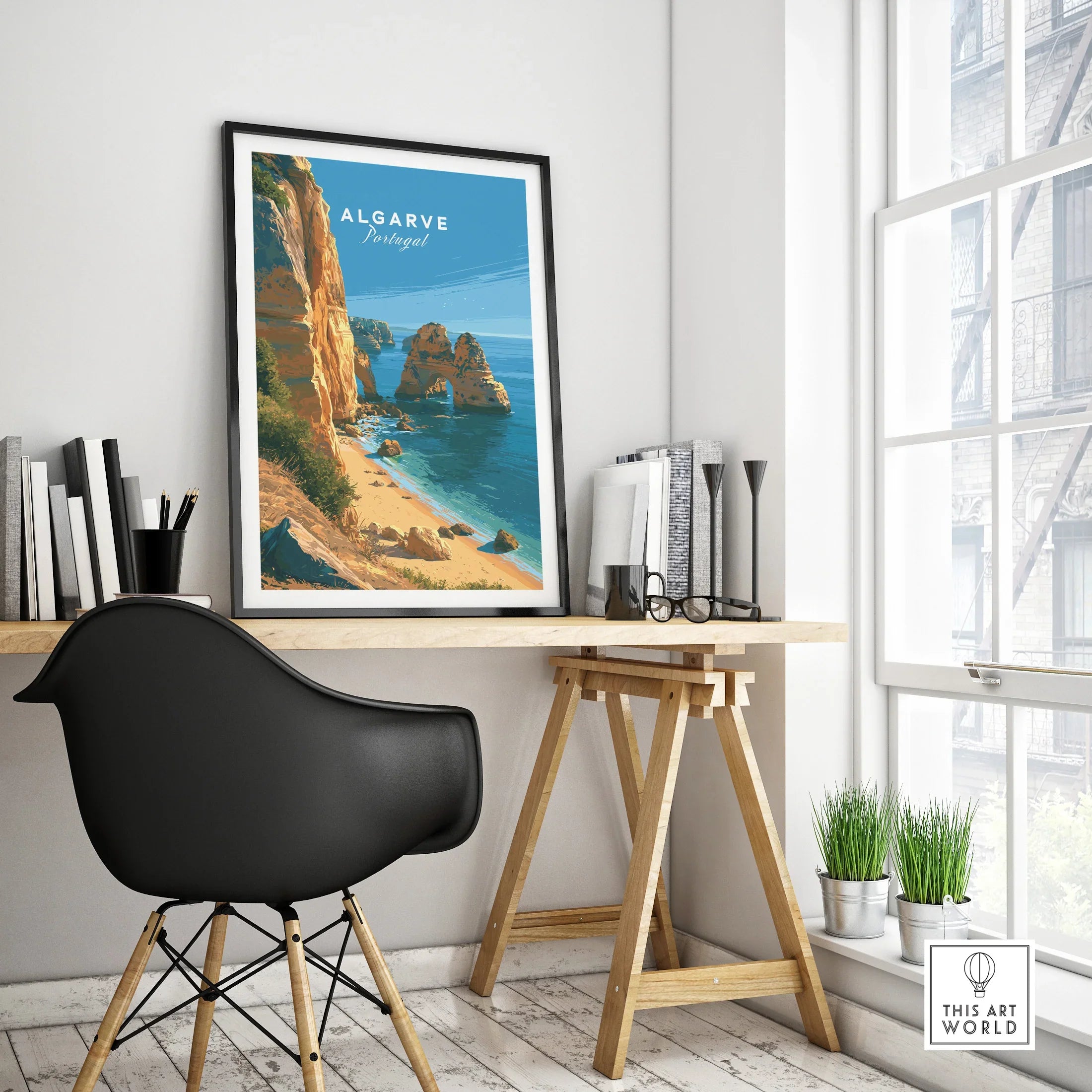 Algarve Portugal Beach Travel Poster — framed poster black frame on office desk modern