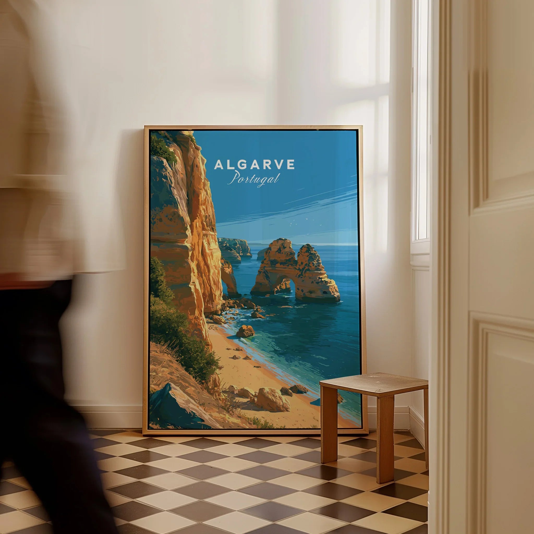 Algarve Portugal Beach Travel Poster — framed canvas on floor man walking past