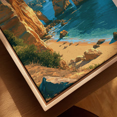 Algarve Portugal Beach Travel Poster — closeup framed canvas natural wood floating frame