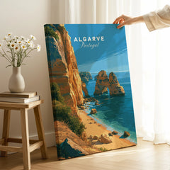 Algarve Portugal Beach Travel Poster — canvas print mirror edge hand holding room setting