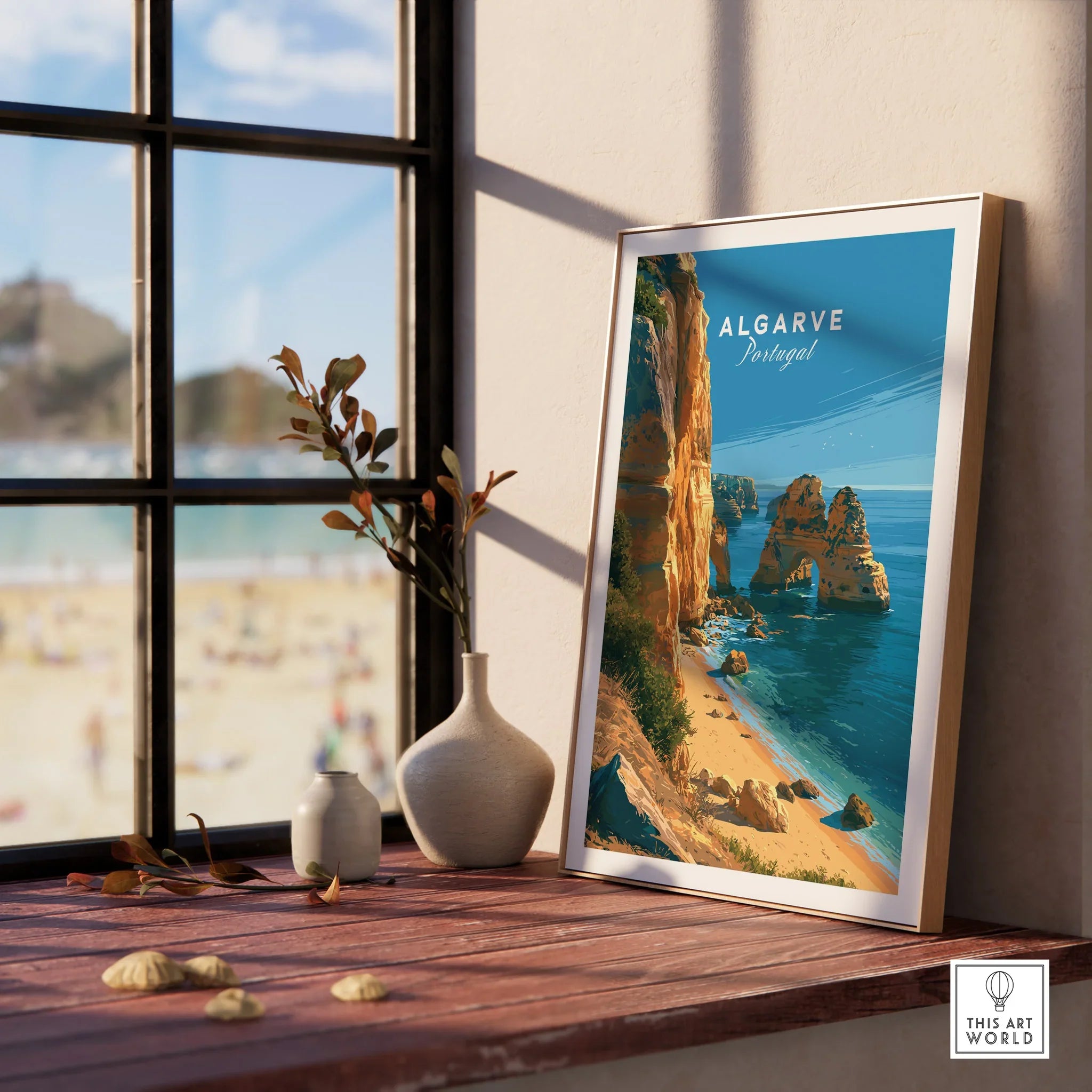 Algarve Portugal Beach Travel Poster — framed print window view natural wood frame