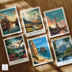 Algarve Portugal Beach Travel Poster — set six framed art prints wooden floor natural wood frames