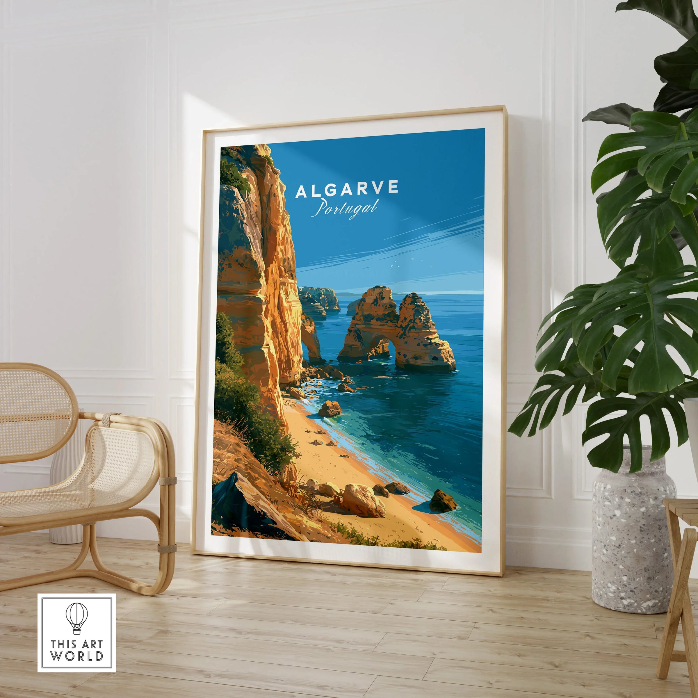 Algarve Portugal Beach Travel Poster — large framed print room setting chair plant