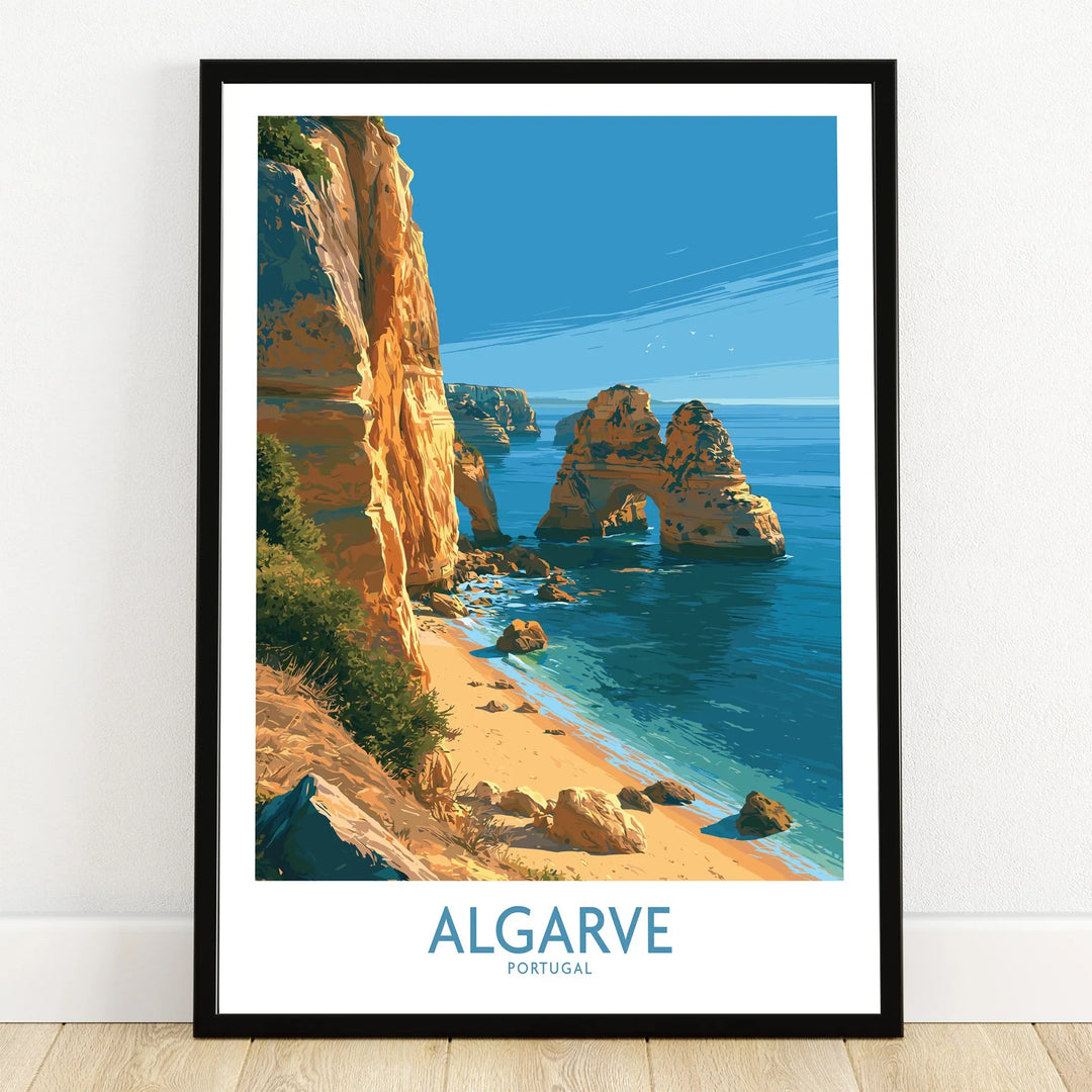 Algarve Portugal Beach Wall Art — art print in black frame on wooden floor