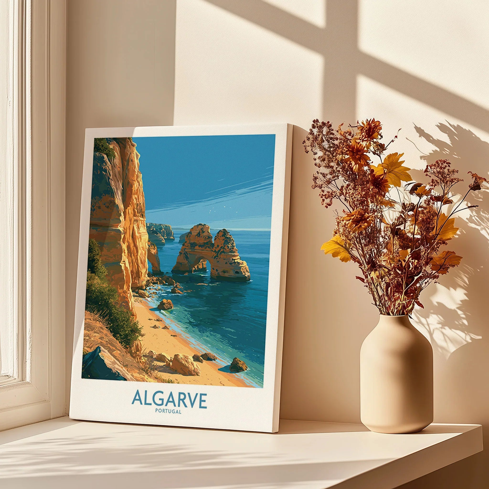Algarve Portugal Beach Wall Art — canvas print window setting with shadows flowers