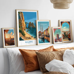 Algarve Portugal Beach Wall Art — set five framed artprints above bed natural wood frames