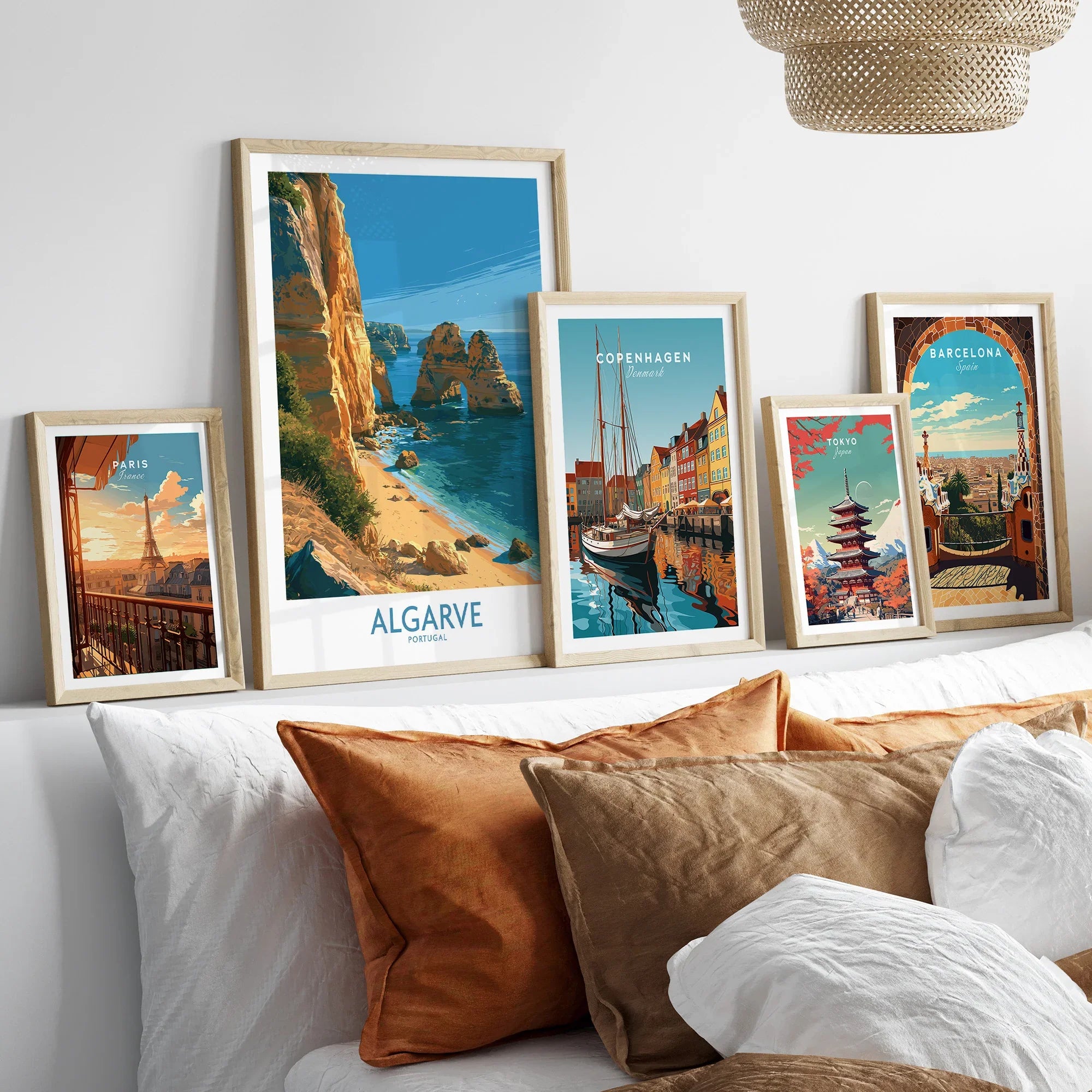 Algarve Portugal Beach Wall Art — set five framed artprints above bed natural wood frames