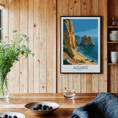 Algarve Portugal Beach Wall Art — black framed art print kitchen setting