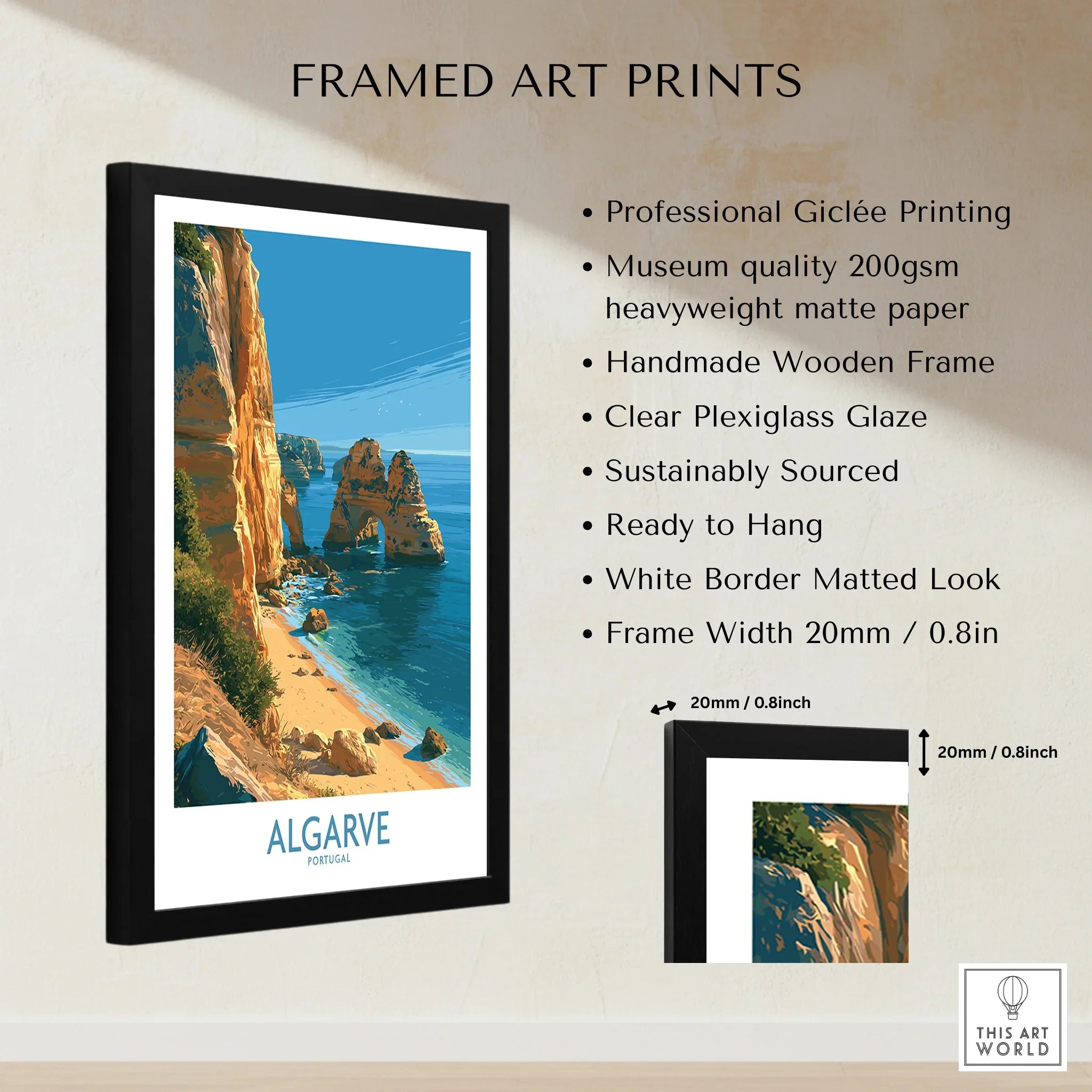 Algarve Portugal Beach Wall Art — framed print details measurements quality details