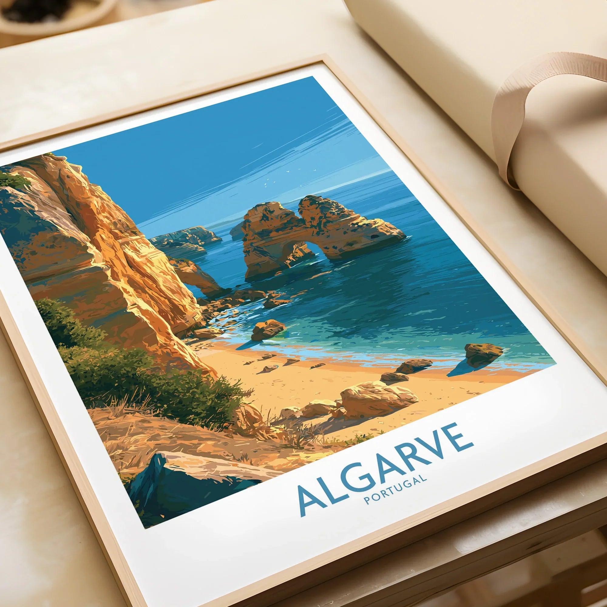 Algarve Portugal Beach Wall Art — framed art print closeup gift unwrapped natural frame